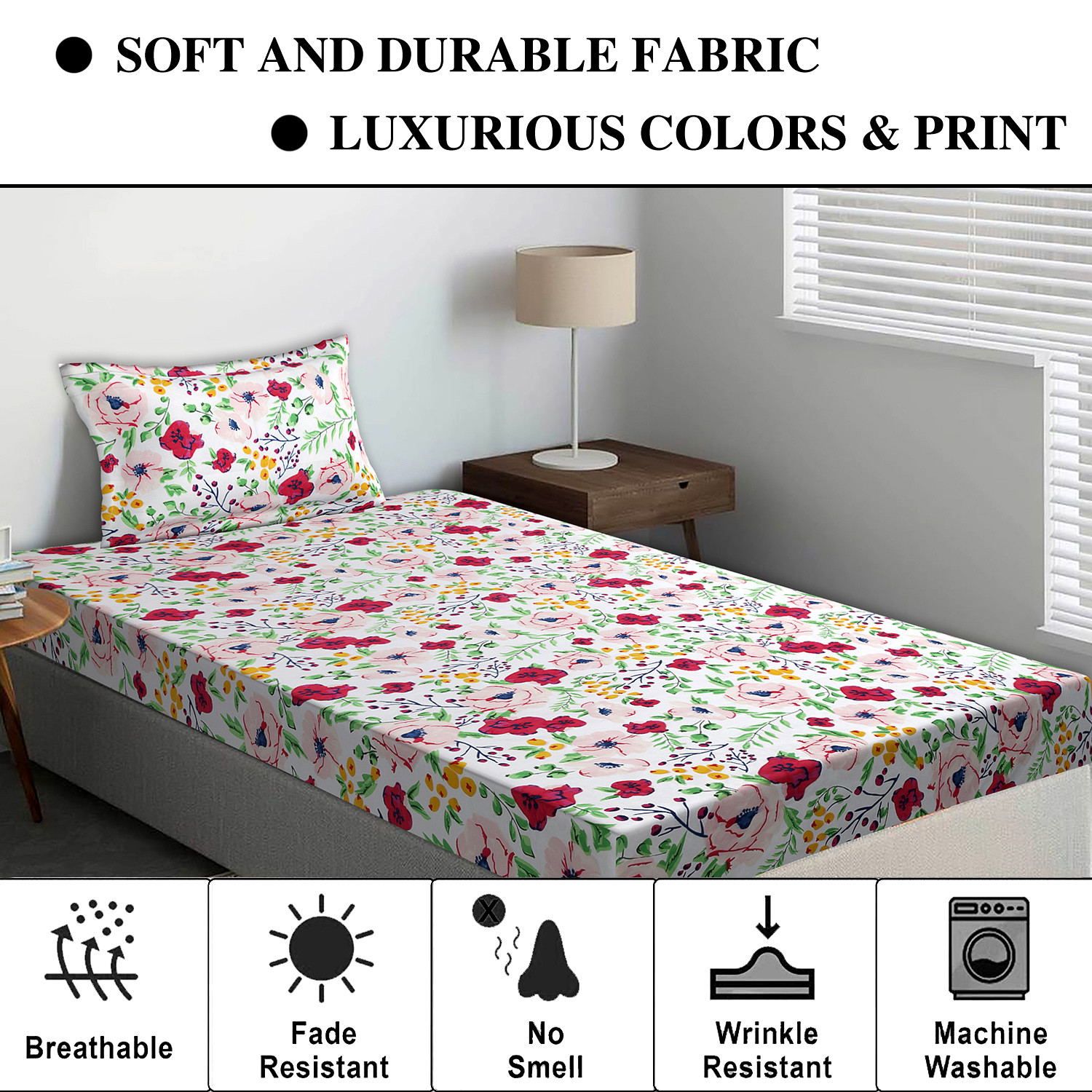 Kuber Industries Glance Cotton Red & White Flower Print Single Bedsheet With 1 Pillow Cover,90x60 ,(Multicolor)