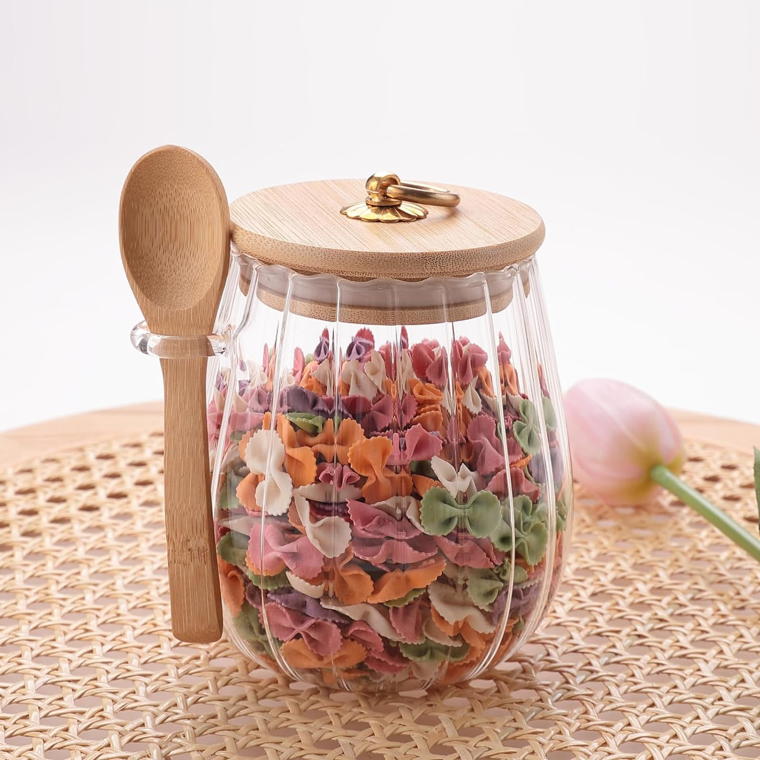 Kuber Industries Glass Jar | Multi-Utility Kitchen Organizer | Airtight Bamboo Lid & Spoon | Food Storage Jar with Metal Loop | Cookies Storage Jar | 680 ML | LP014 | Transparent