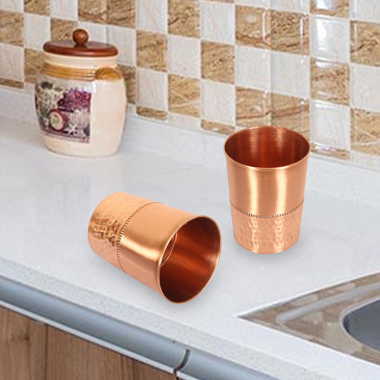 Kuber Industries Glasses | Copper Drinking Water Glass | Serving Water Glasses | Lower Hammered Copper Glass Tumbler for Kitchen & Health Benefits | Copper