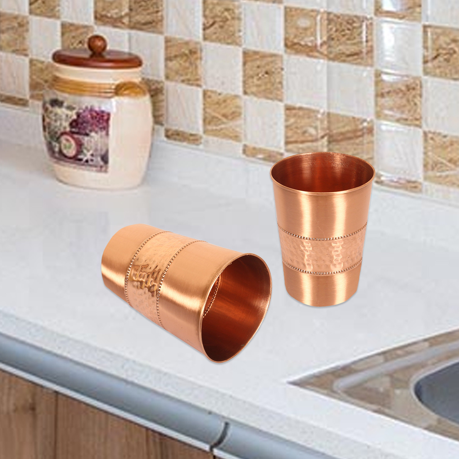 Kuber Industries Glasses | Copper Drinking Water Glass | Serving Water Glasses | Middle Hammered Copper Glass Tumbler for Kitchen & Health Benefits | Copper