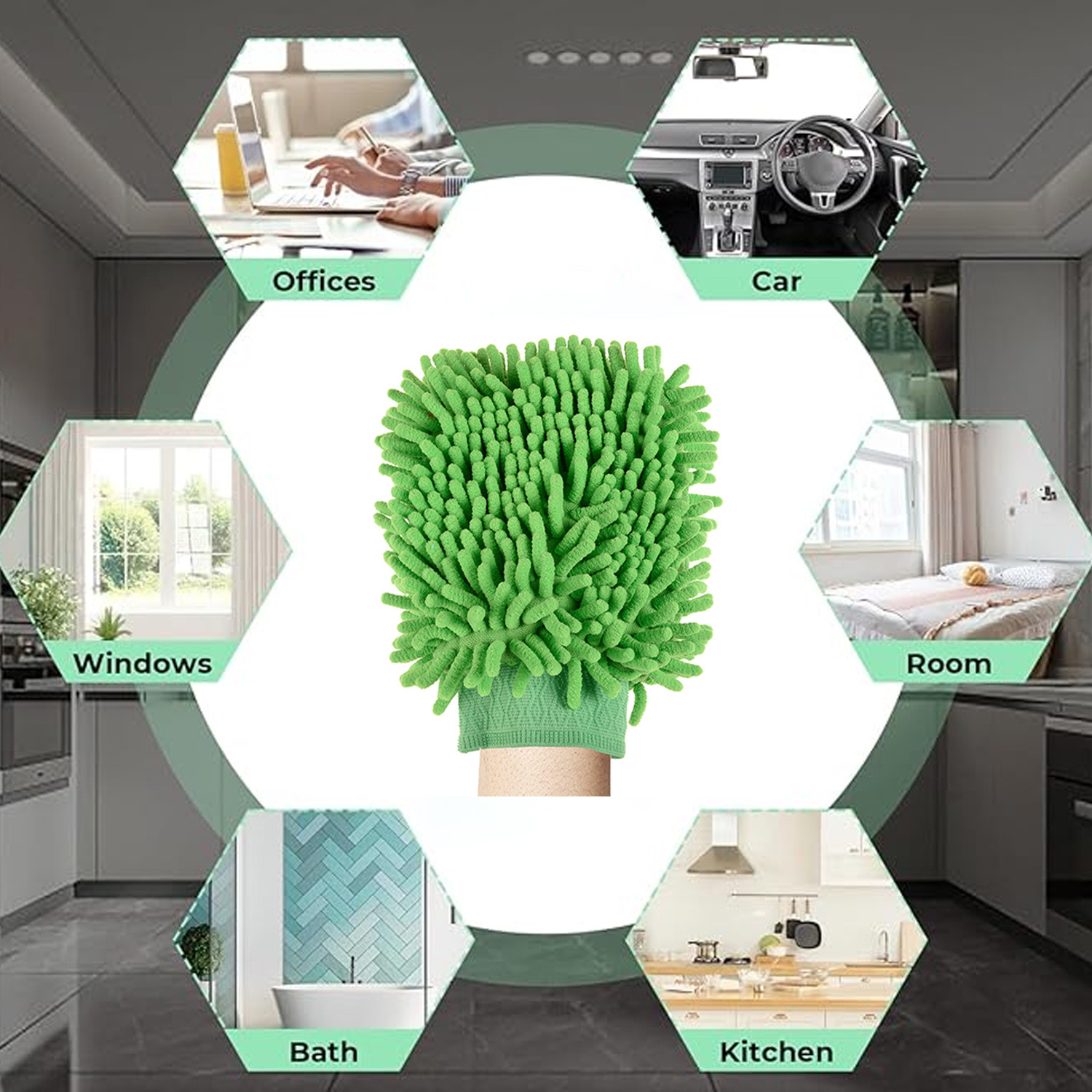 Kuber Industries Gloves  Microfiber Cleaning Gloves  Chenille Mitts for Kitchen  50 GSM Hand Duster for Kitchen  Hand Gloves For Car  Duster for Glass  Green