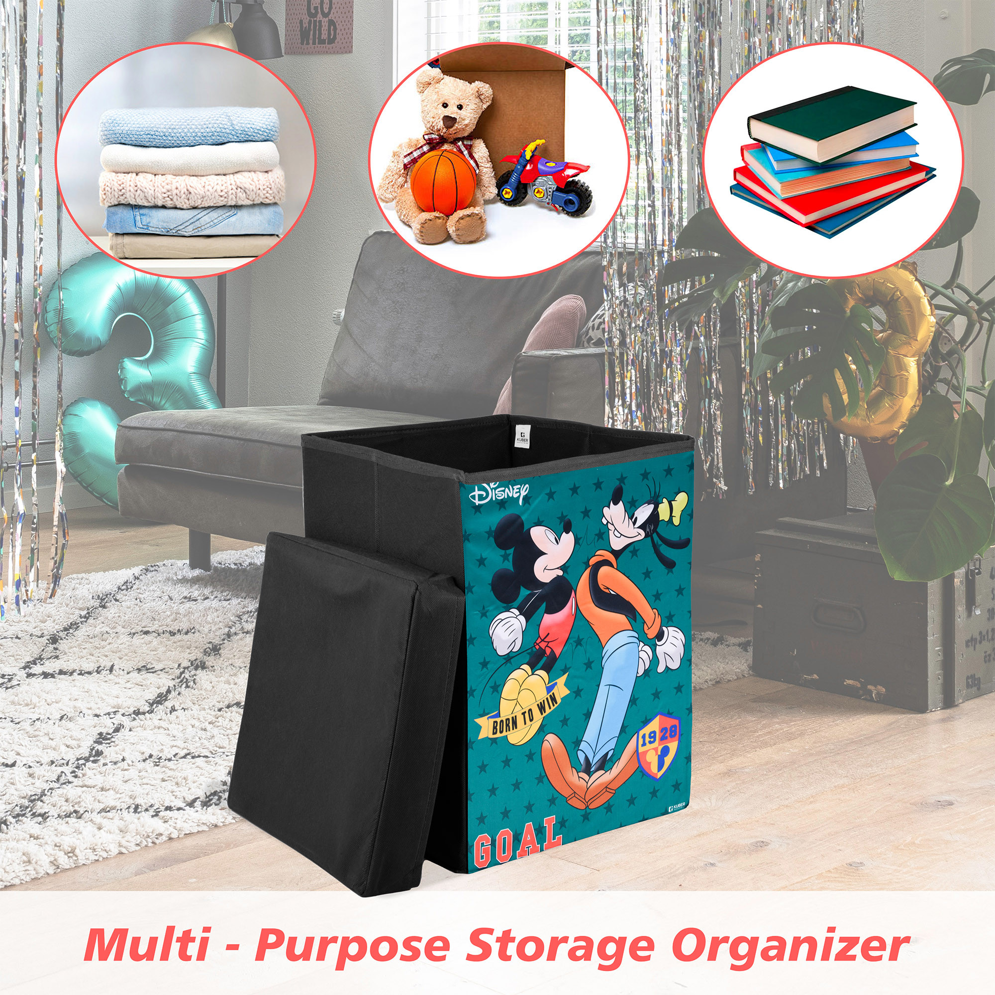 Kuber Industries Goofy Toy Storage Box  Laundry Basket for Toys  Folding Laundry Basket  Clothes Hamper with Lid  Handles  Storage Basket for Bathroom  60 LTR  Black