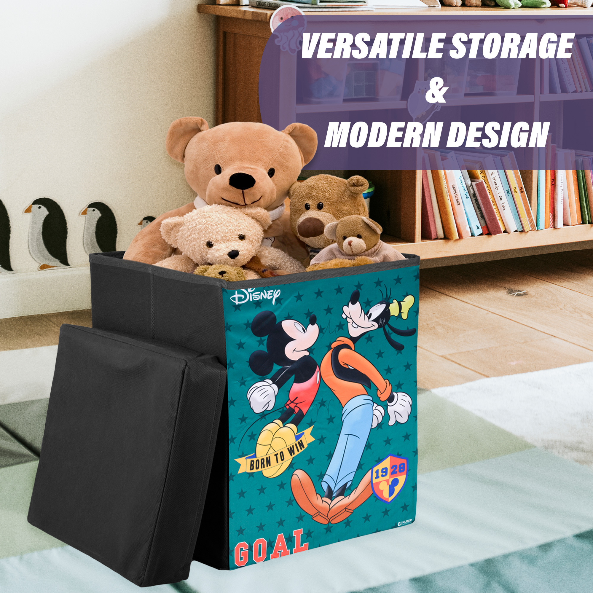 Kuber Industries Goofy Toy Storage Box  Laundry Basket for Toys  Folding Laundry Basket  Clothes Hamper with Lid  Handles  Storage Basket for Bathroom  60 LTR  Black