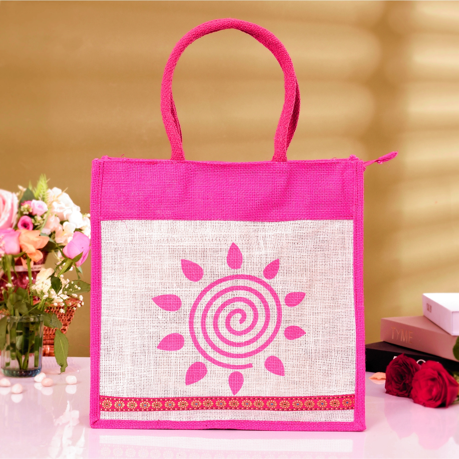 Kuber Industries Grocery Bag  Jute Carry Bag  Lunch Bags for Office  Zipper Grocery Bag with Handle  Vegetable Bag  Pink Sunflower Shopping Bag  Medium  Cream