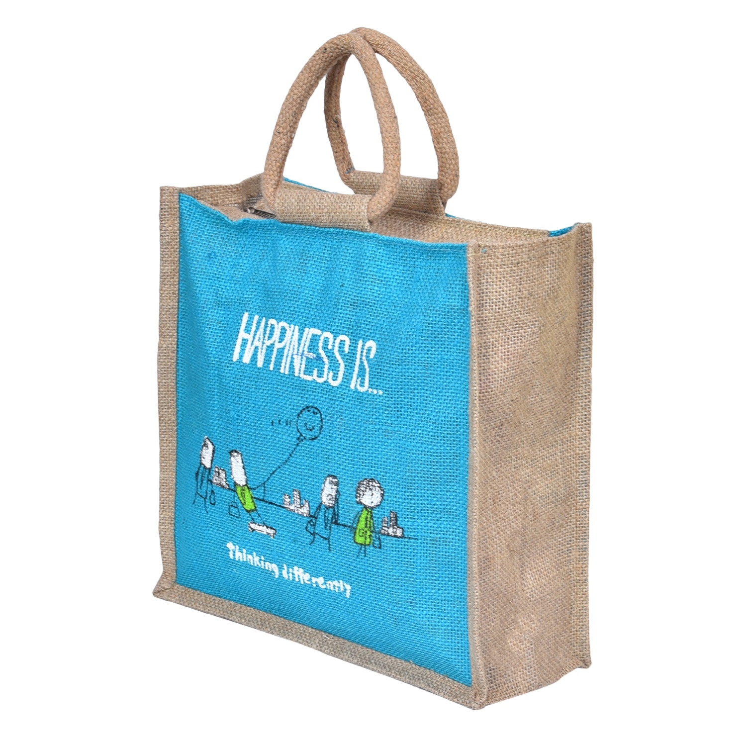 Kuber Industries Grocery Bag  Jute Carry Bag  Lunch Bags for Office  Zipper Grocery Bag with Handle  Vegetable Bag  Blue Happiness Shopping Bag  Medium  Brown