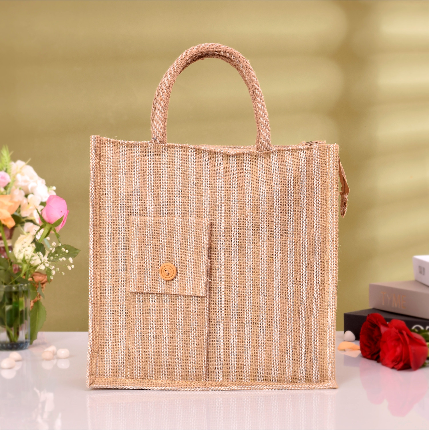 Kuber Industries Grocery Bag  Jute Carry Bag  Lunch Bags for Office  Zipper Grocery Bag with Handle  Vegetable Bag  Lining Front Pocket Shopping Bag  Medium  Brown