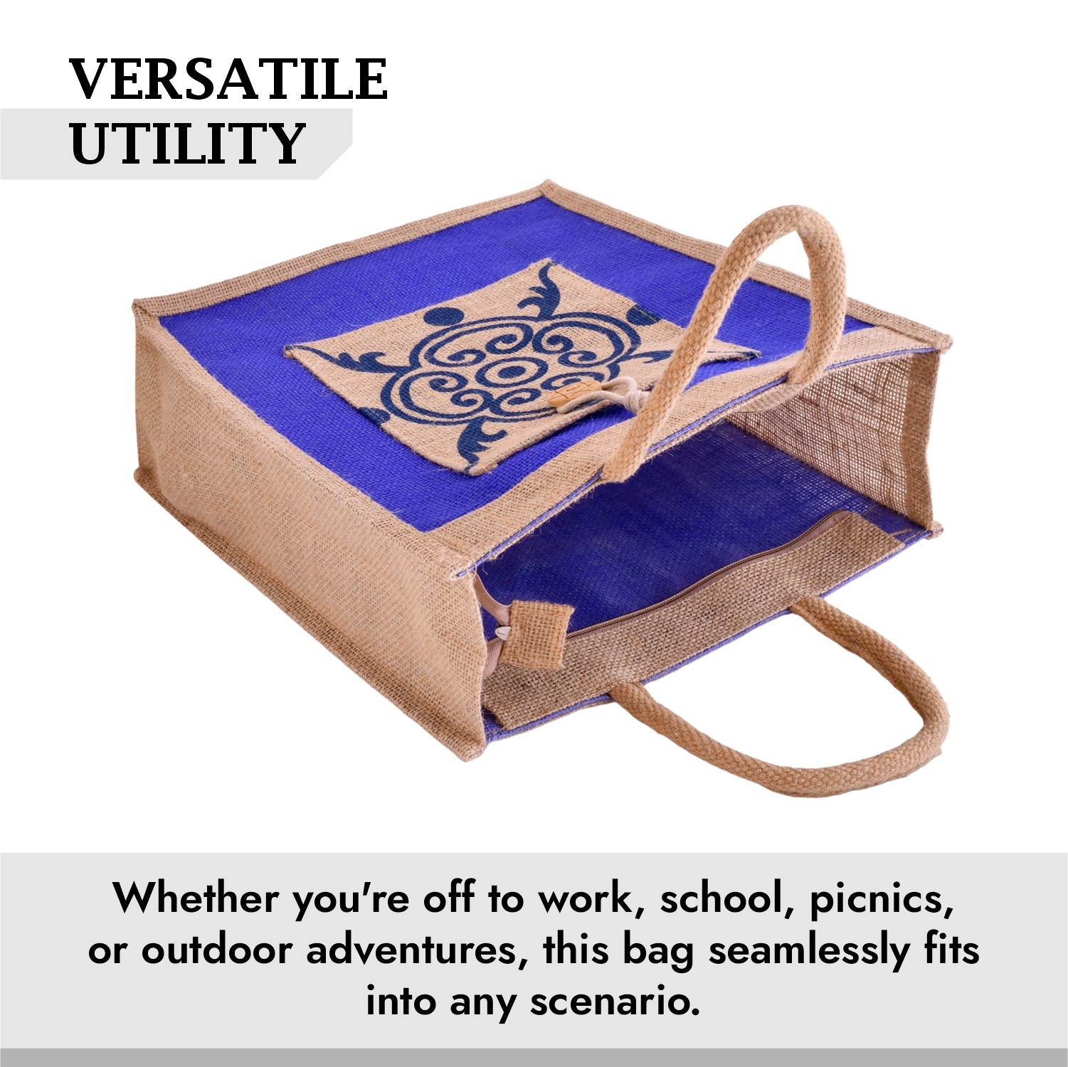 Kuber Industries Grocery Bag  Jute Carry Bag  Lunch Bags for Office  Zipper Grocery Bag with Handle  Vegetable Bag  Blue Flower Shopping Bag  Medium  Brown