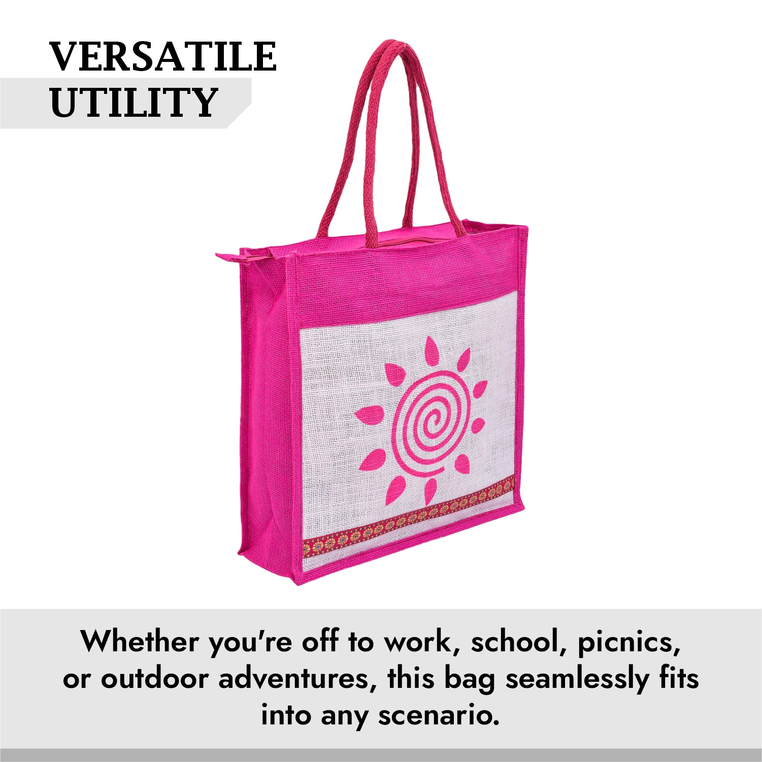 Kuber Industries Grocery Bag  Jute Carry Bag  Lunch Bags for Office  Zipper Grocery Bag with Handle  Vegetable Bag  Pink Sunflower Shopping Bag  Medium  Cream