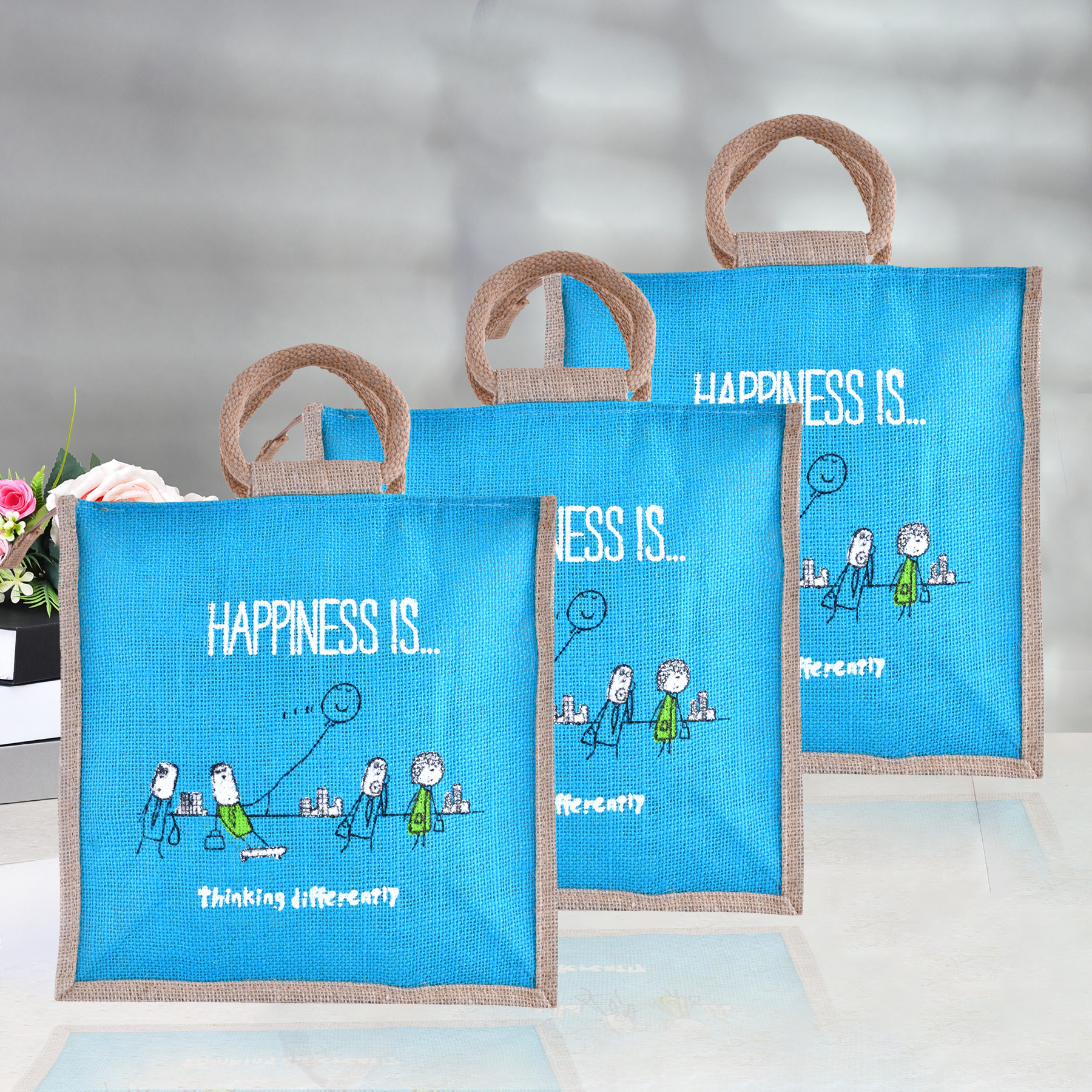 Kuber Industries Grocery Bag | Jute Carry Bag | Lunch Bags for Office | Zipper Grocery Bag with Handle | Vegetable Bag | Blue Happiness Shopping Bag | Medium | Brown