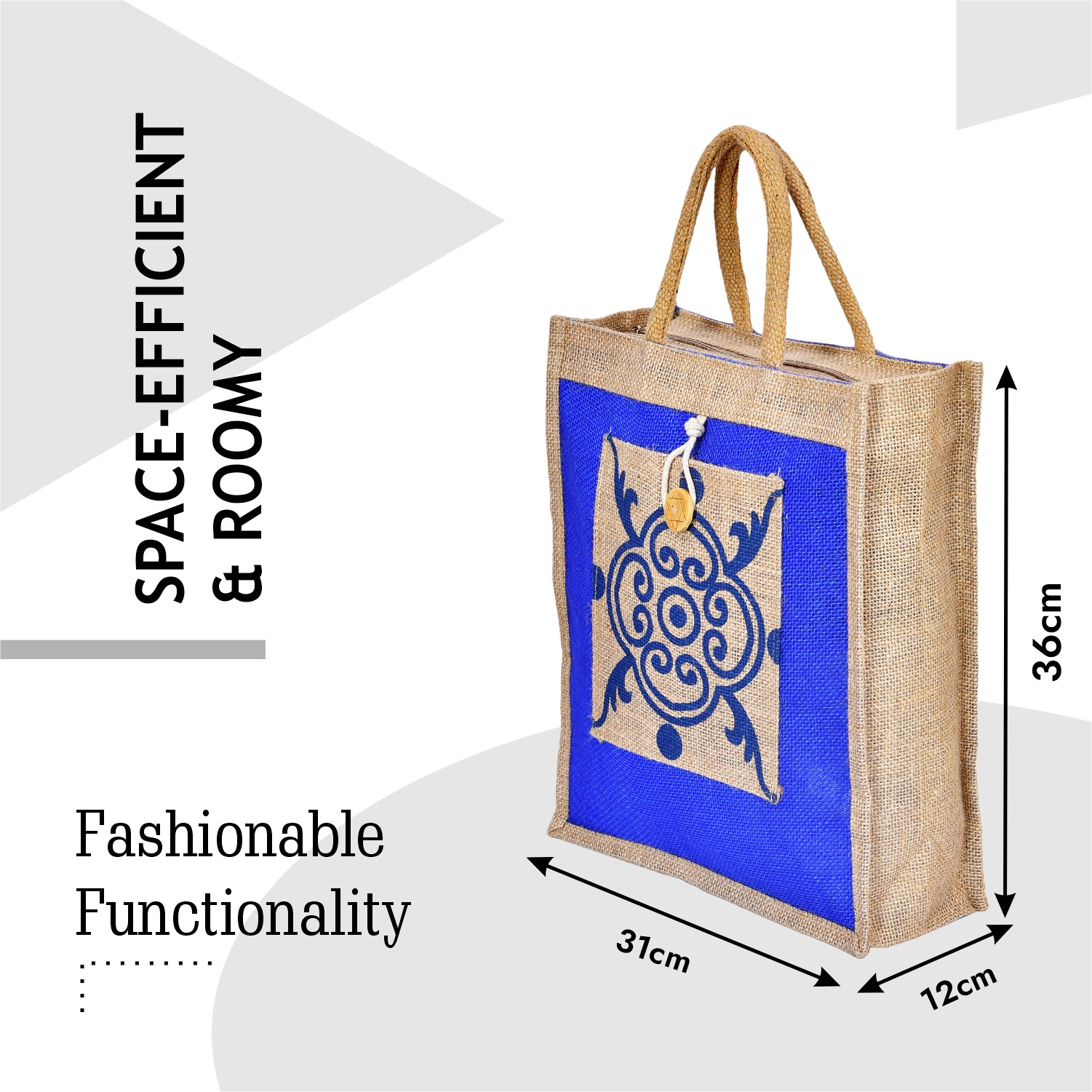 Kuber Industries Grocery Bag | Jute Carry Bag | Lunch Bags for Office | Zipper Grocery Bag with Handle | Vegetable Bag | Blue Flower Shopping Bag | Medium | Brown