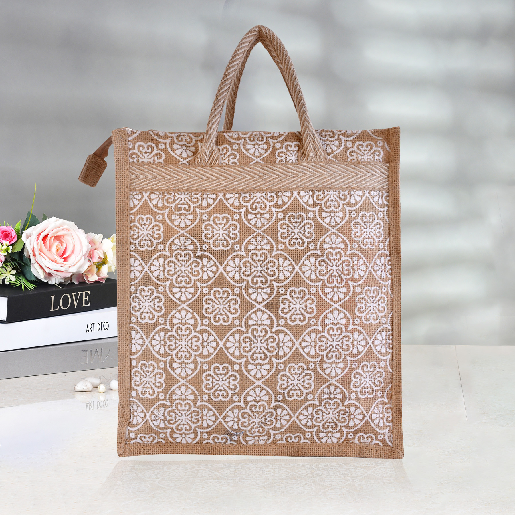 Kuber Industries Grocery Bag | Jute Carry Bag | Lunch Bags for Office | Zipper Grocery Bag with Handle | Vegetable Bag | White Flower Shopping Bag | Medium | Brown