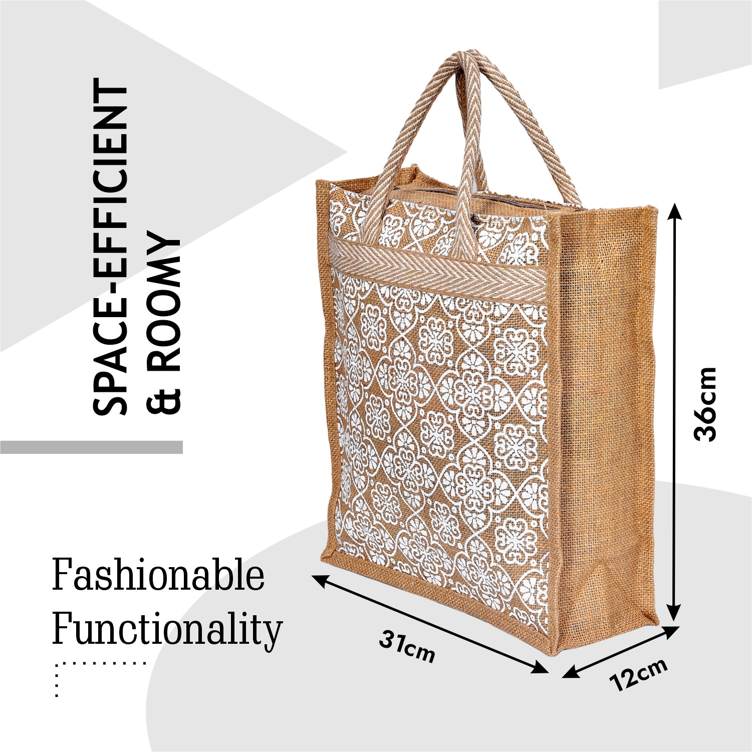 Kuber Industries Grocery Bag | Jute Carry Bag | Lunch Bags for Office | Zipper Grocery Bag with Handle | Vegetable Bag | White Flower Shopping Bag | Medium | Brown