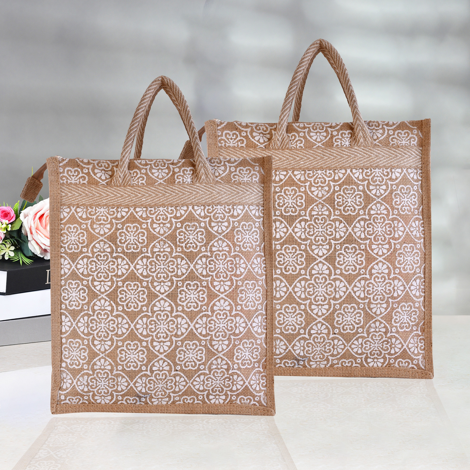 Kuber Industries Grocery Bag | Jute Carry Bag | Lunch Bags for Office | Zipper Grocery Bag with Handle | Vegetable Bag | White Flower Shopping Bag | Medium | Brown