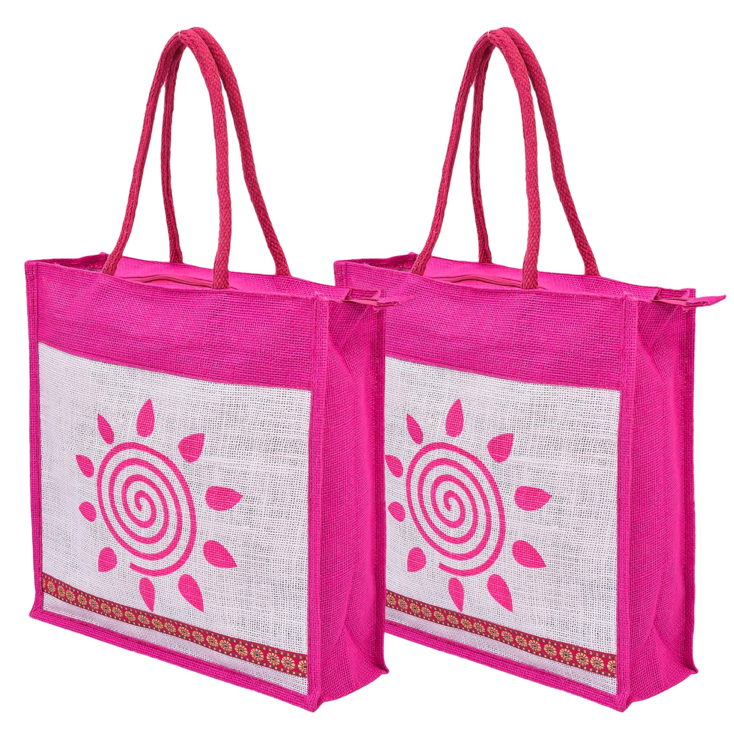Kuber Industries Grocery Bag | Jute Carry Bag | Lunch Bags for Office | Zipper Grocery Bag with Handle | Vegetable Bag | Pink Sunflower Shopping Bag | Medium | Cream