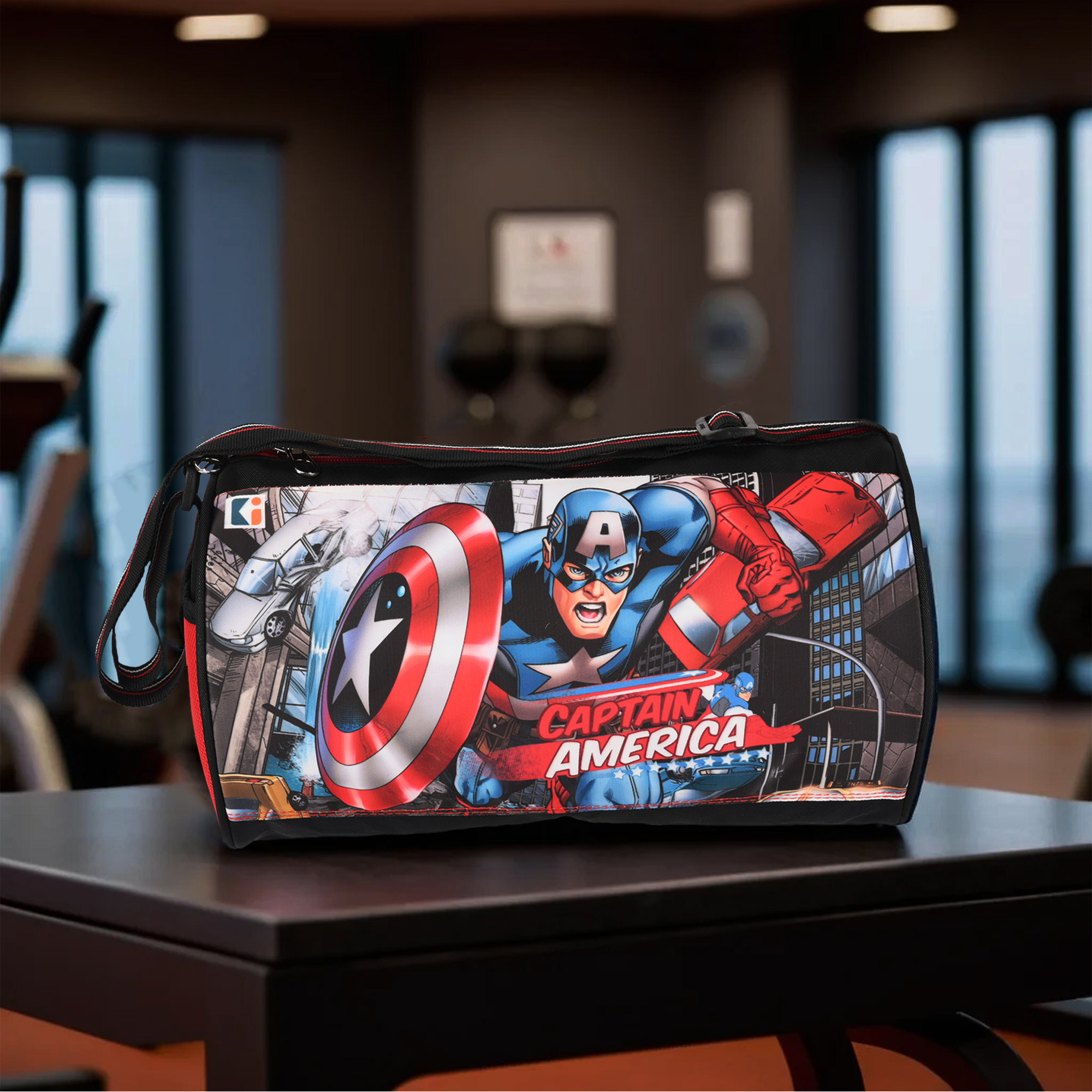 Kuber Industries Gym Bag  Captain America  Nylon Unisex Duffle Bag  Sports Gym Fitness Bag  Yoga Sports Bag  2 Compartment Bag for Men  Women  Travel Handbag for Men  Red  Black
