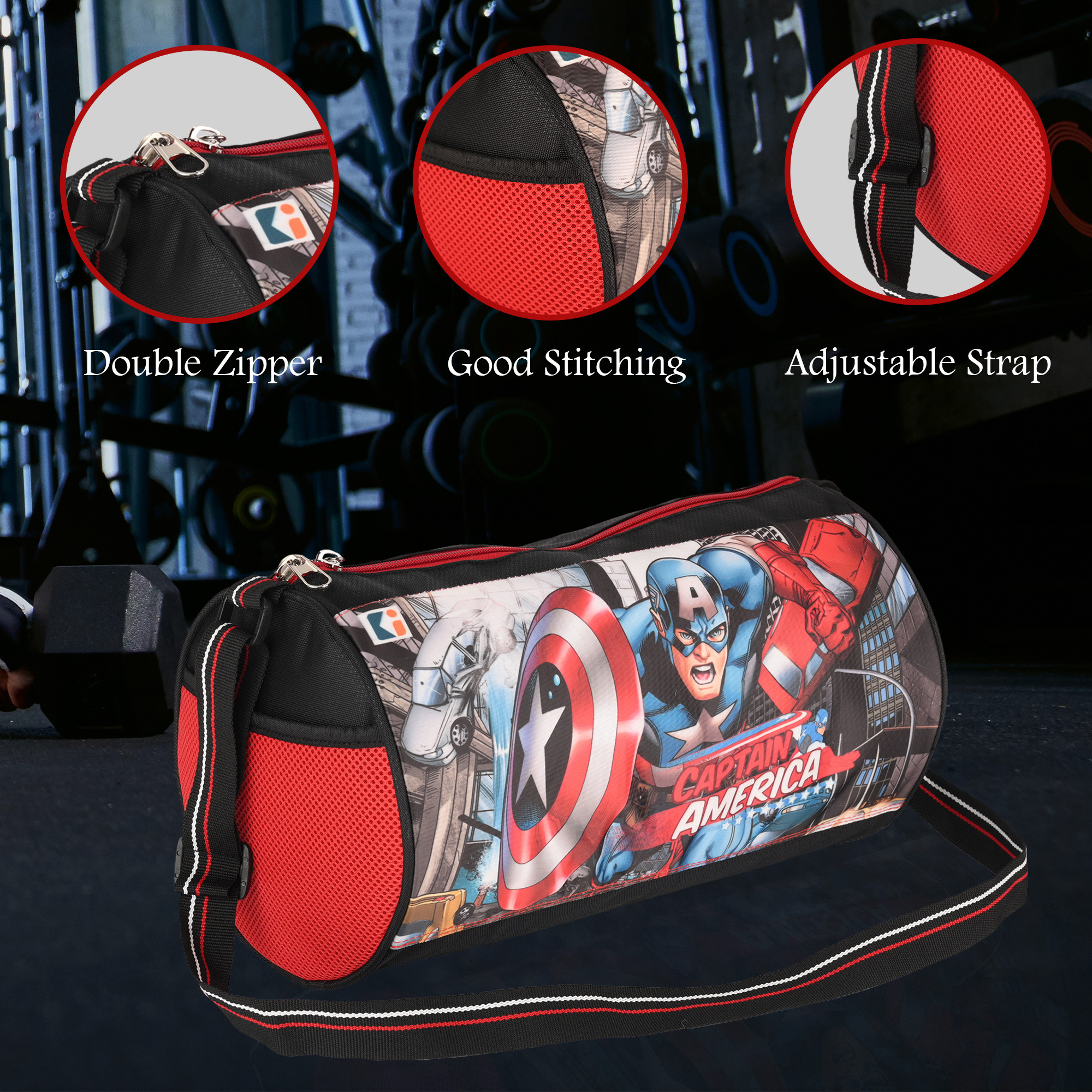 Kuber Industries Gym Bag  Captain America  Nylon Unisex Duffle Bag  Sports Gym Fitness Bag  Yoga Sports Bag  2 Compartment Bag for Men  Women  Travel Handbag for Men  Red  Black