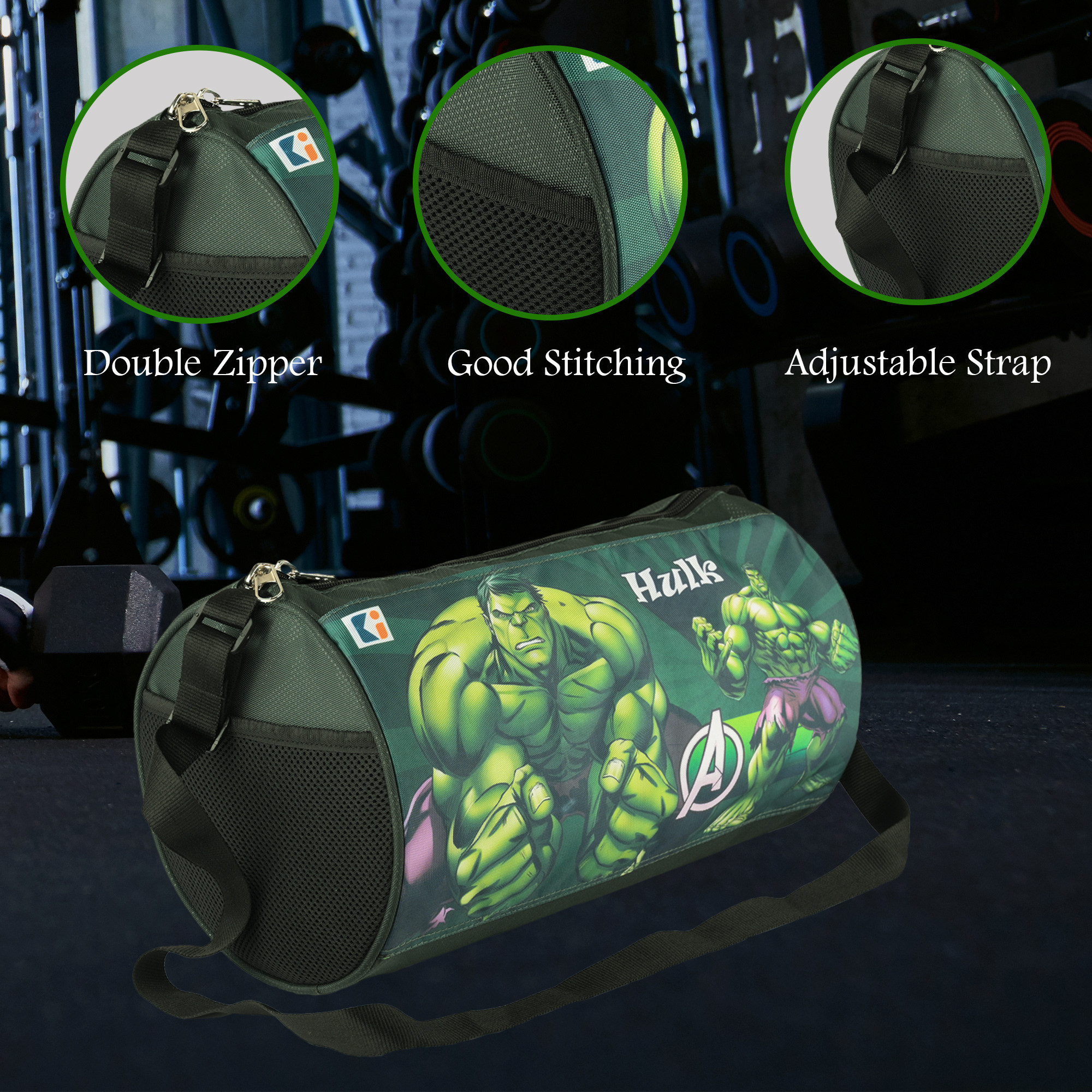 Kuber Industries Gym Bag  Marvel Hulk  Nylon Unisex Duffle Bag  Sports Gym Fitness Bag  Yoga Sports Bag  2 Compartments Sports Bag for Men  Women  Travel Handbag for Men  Green