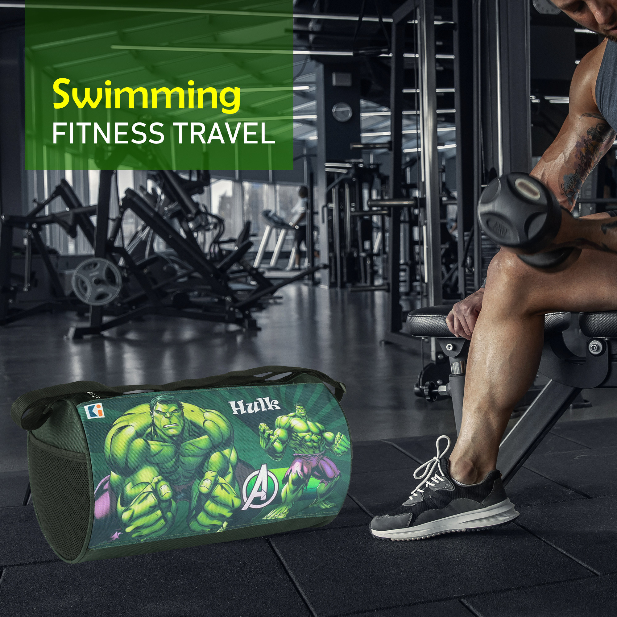 Kuber Industries Gym Bag  Marvel Hulk  Nylon Unisex Duffle Bag  Sports Gym Fitness Bag  Yoga Sports Bag  2 Compartments Sports Bag for Men  Women  Travel Handbag for Men  Green