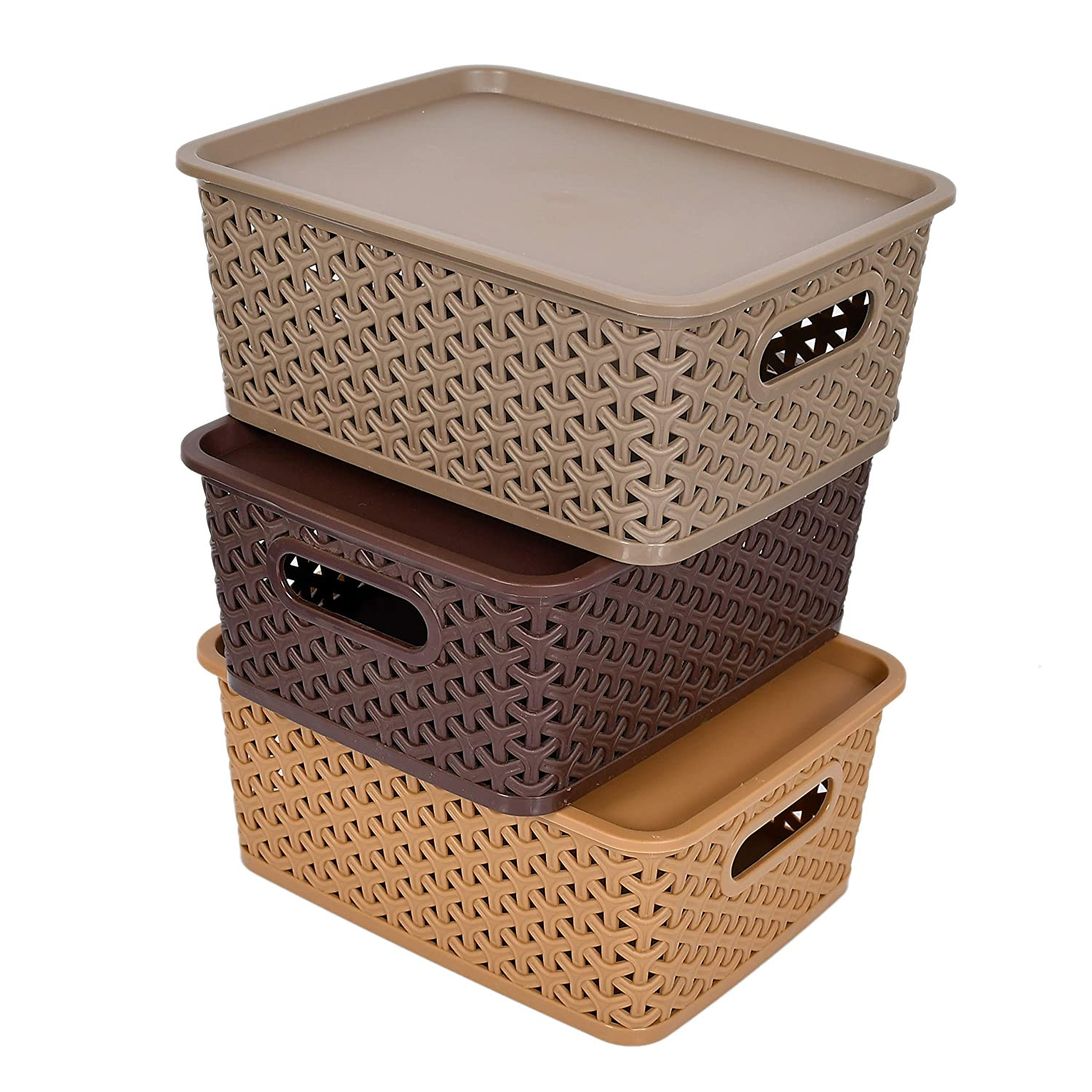 Kuber Industries H7 Plastic Baskets with Lid, Stackable Lidded Knit Storage Organizer Bins Perfect for Storing Large Household Items (Set Of 3,Multi)-KUBMRT11907