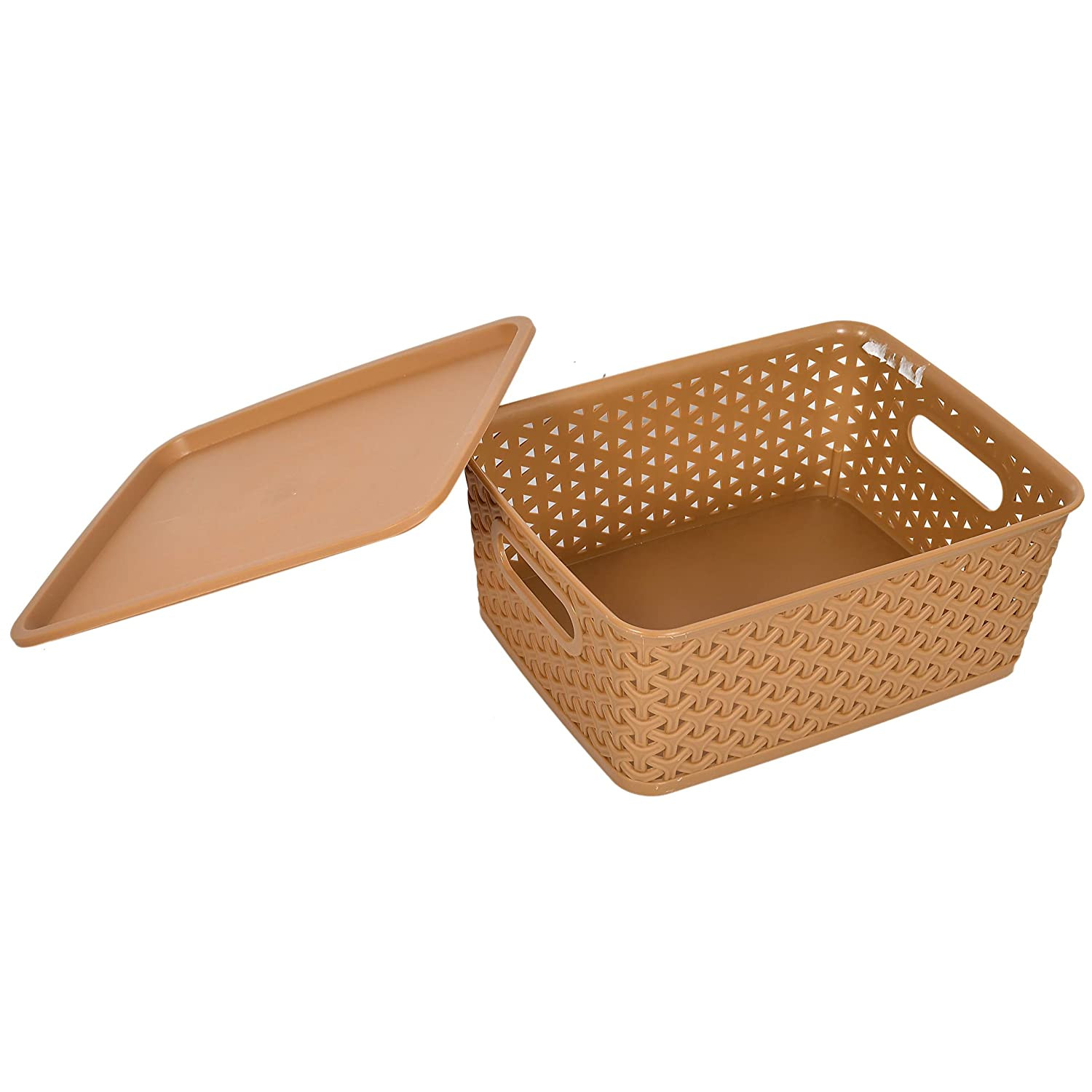 Kuber Industries H7 Plastic Baskets with Lid, Stackable Lidded Knit Storage Organizer Bins Perfect for Storing Large Household Items (Set Of 3,Multi)-KUBMRT11907