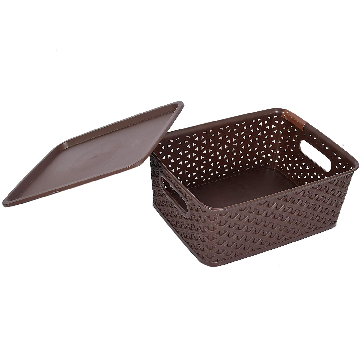 Kuber Industries H7 Plastic Baskets with Lid, Stackable Lidded Knit Storage Organizer Bins Perfect for Storing Large Household Items (Set Of 3,Multi)-KUBMRT11907