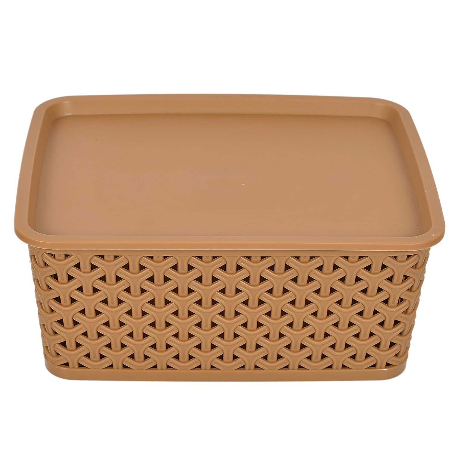 Kuber Industries H7 Plastic Baskets with Lid, Stackable Lidded Knit Storage Organizer Bins Perfect for Storing Large Household Items (Set Of 3,Multi)-KUBMRT11907