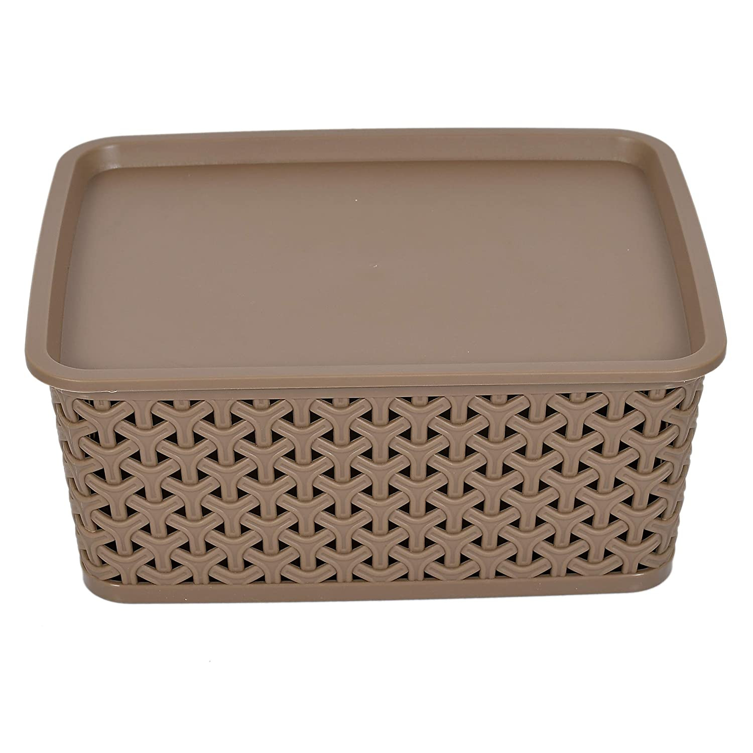 Kuber Industries H7 Plastic Baskets with Lid, Stackable Lidded Knit Storage Organizer Bins Perfect for Storing Large Household Items (Set Of 3,Multi)-KUBMRT11907
