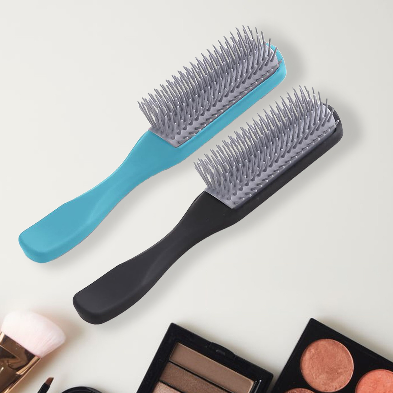 Kuber Industries Hair Brush | Flexible Bristles Brush | Hair Brush with Paddle | Straightens & Detangles Hair Brush | Suitable For All Hair Types | Hair Brush Styling Hair | Set of 2 | Blue & Black