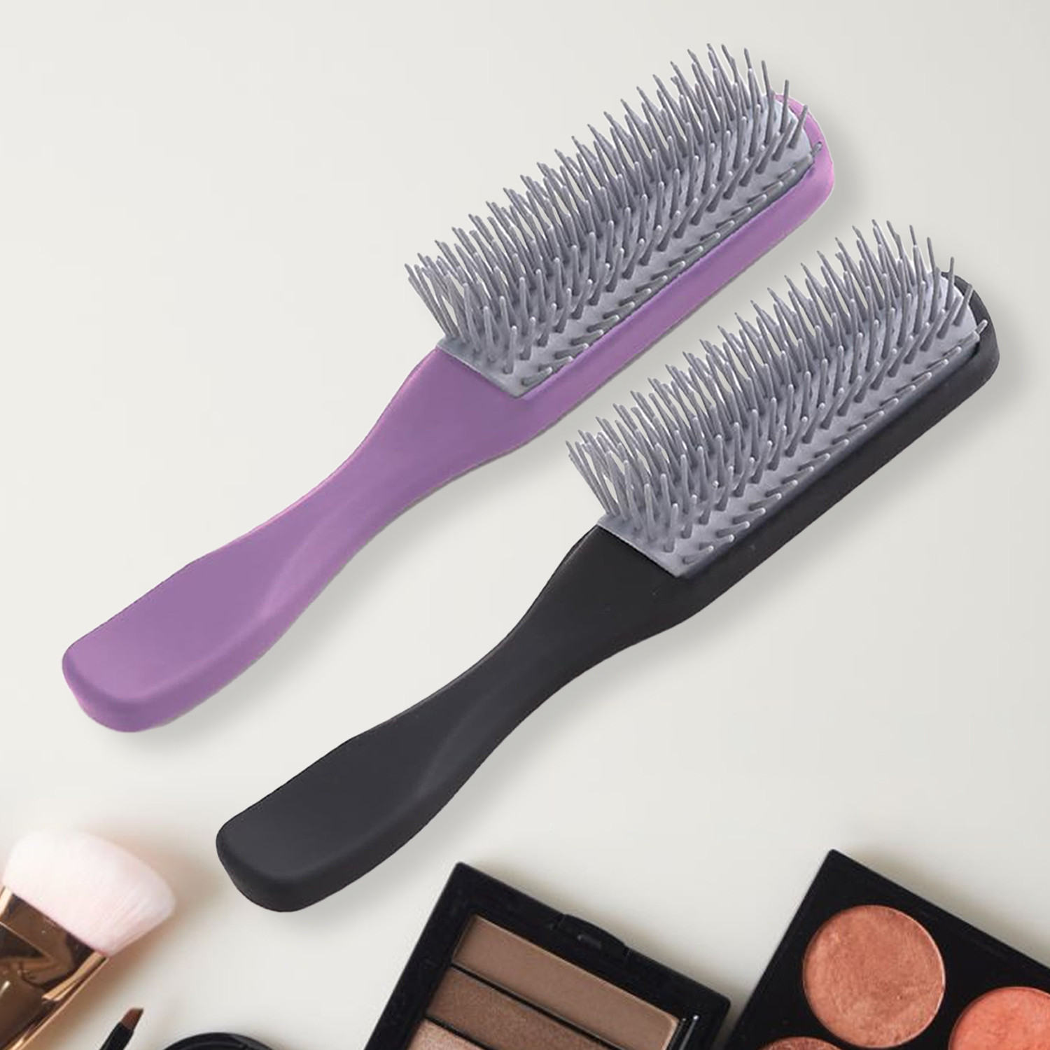Kuber Industries Hair Brush | Flexible Bristles Brush | Hair Brush with Paddle | Straightens & Detangles Hair Brush | Suitable For All Hair Types | Hair Brush Styling Hair | Set of 2 | Black & Purple