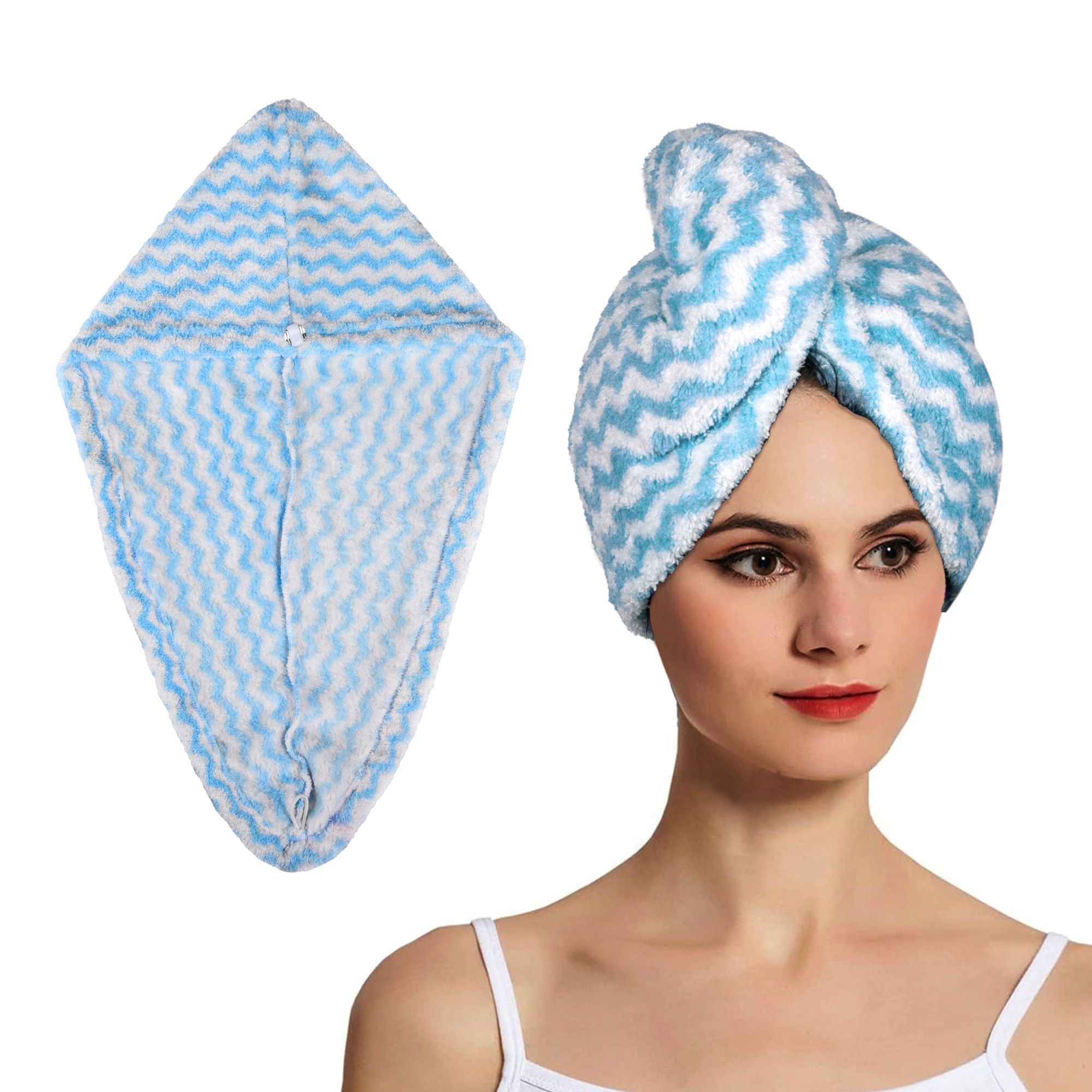 Kuber Industries Hair Wrapper | Hair-Drying Towel | Hair Bathrobe for Women & Girls | Hair Dry Cap Bath Towel | Microfiber Hair Turban Towel | Quick Absorbent Hair Towel | Zig Zag | Sky Blue