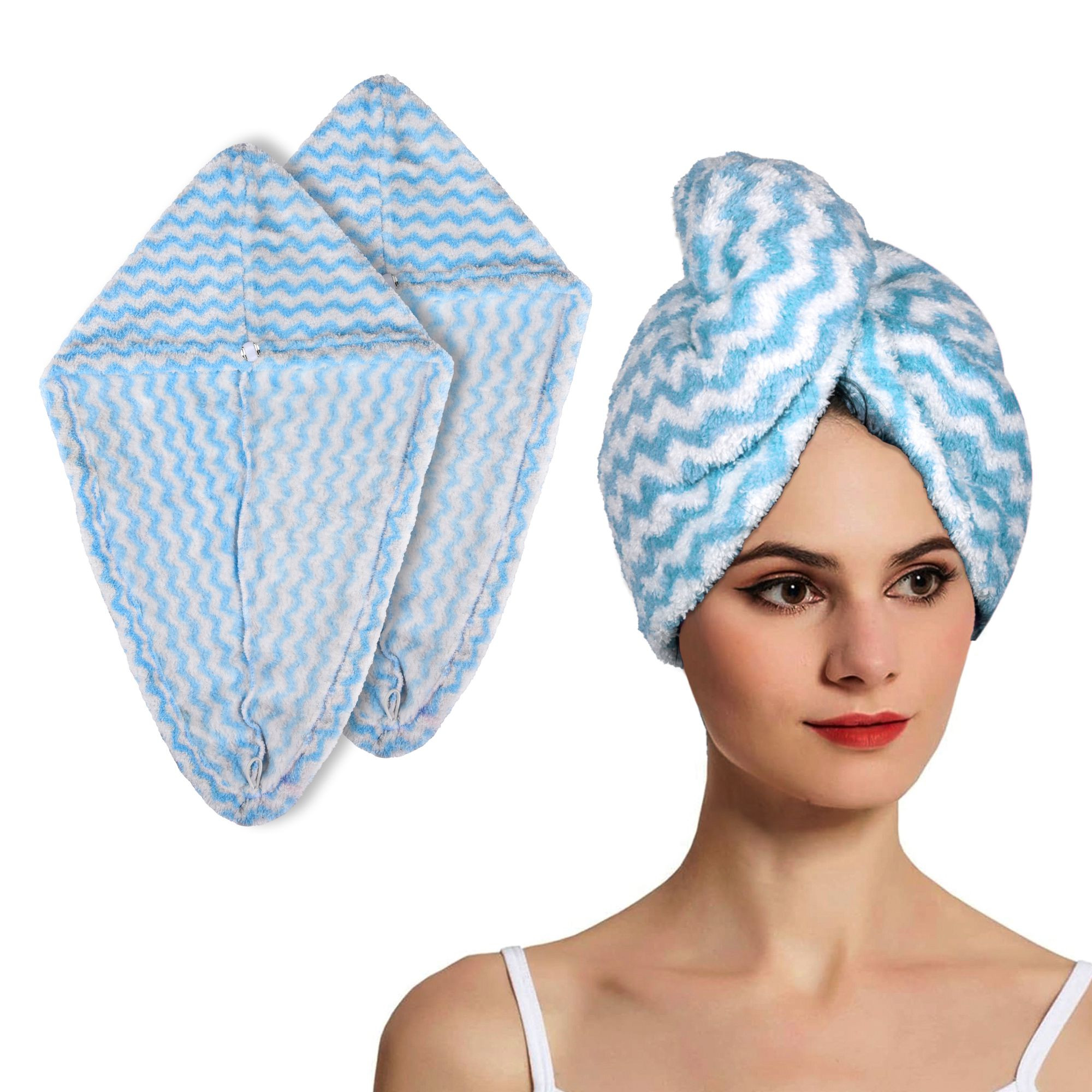 Kuber Industries Hair Wrapper | Hair-Drying Towel | Hair Bathrobe for Women & Girls | Hair Dry Cap Bath Towel | Microfiber Hair Turban Towel | Quick Absorbent Hair Towel | Zig Zag | Sky Blue