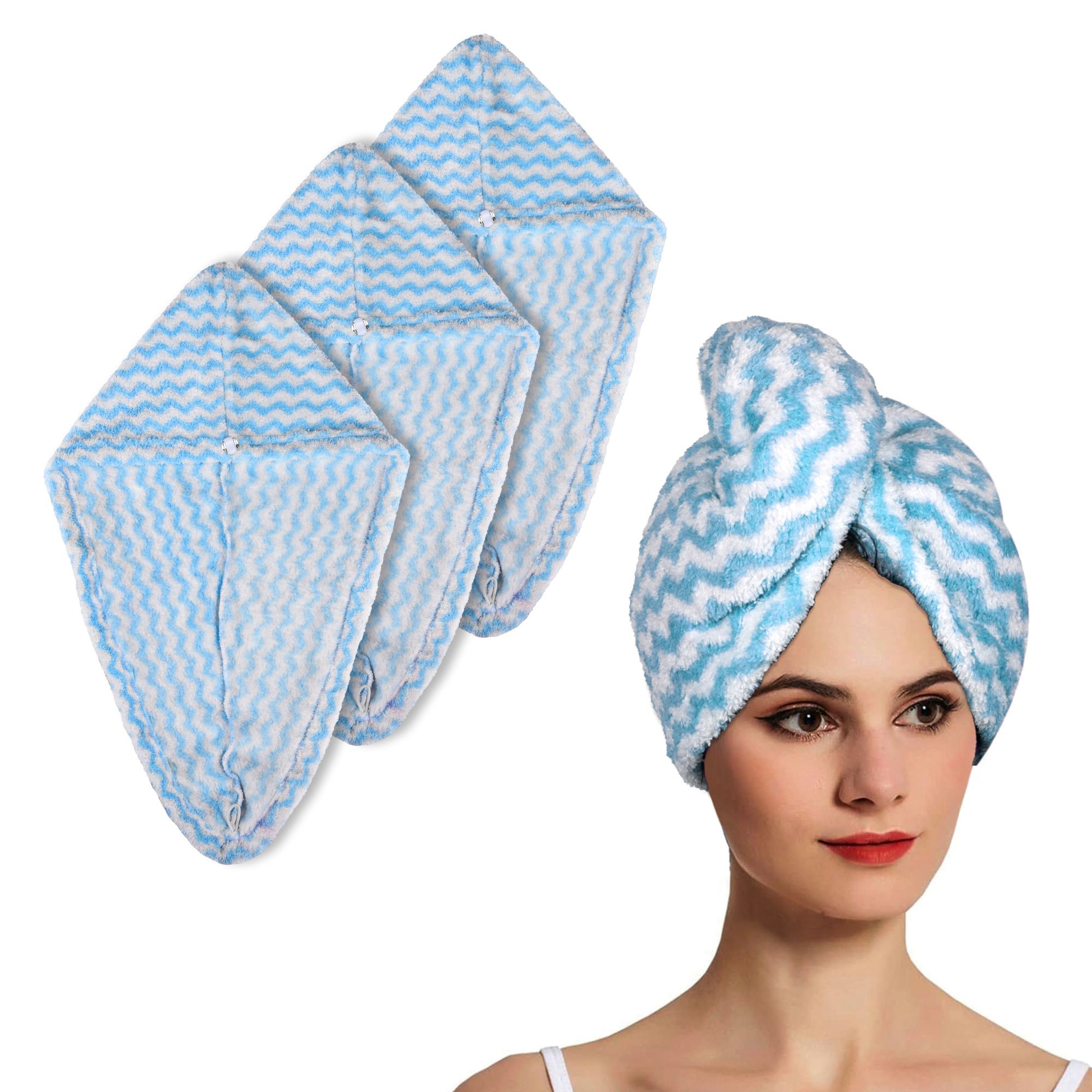 Kuber Industries Hair Wrapper | Hair-Drying Towel | Hair Bathrobe for Women & Girls | Hair Dry Cap Bath Towel | Microfiber Hair Turban Towel | Quick Absorbent Hair Towel | Zig Zag | Sky Blue