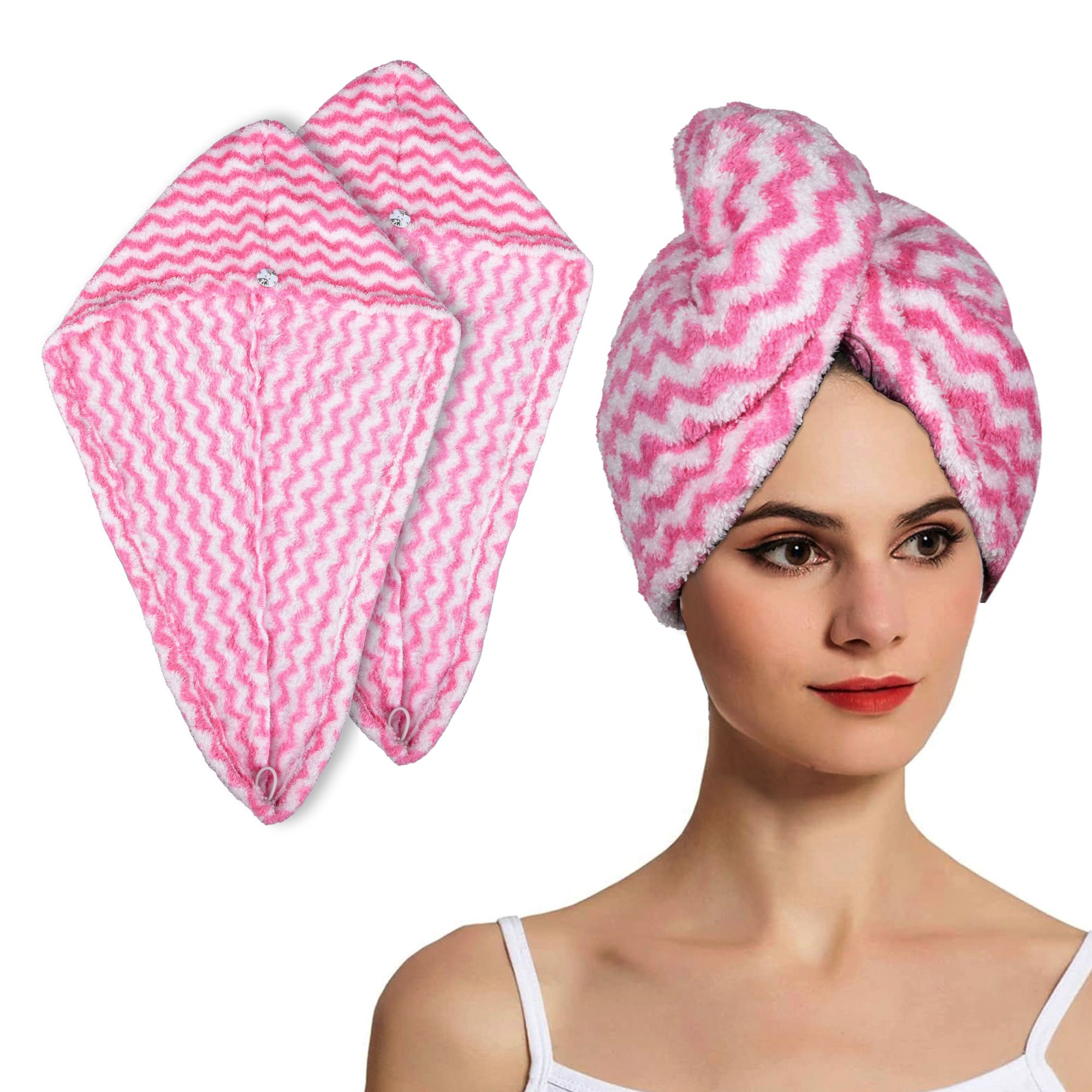 Kuber Industries Hair Wrapper | Hair-Drying Towel | Hair Bathrobe for Women & Girls | Hair Dry Cap Bath Towel | Microfiber Hair Turban Towel | Quick Absorbent Hair Towel | Zig Zag | Pink