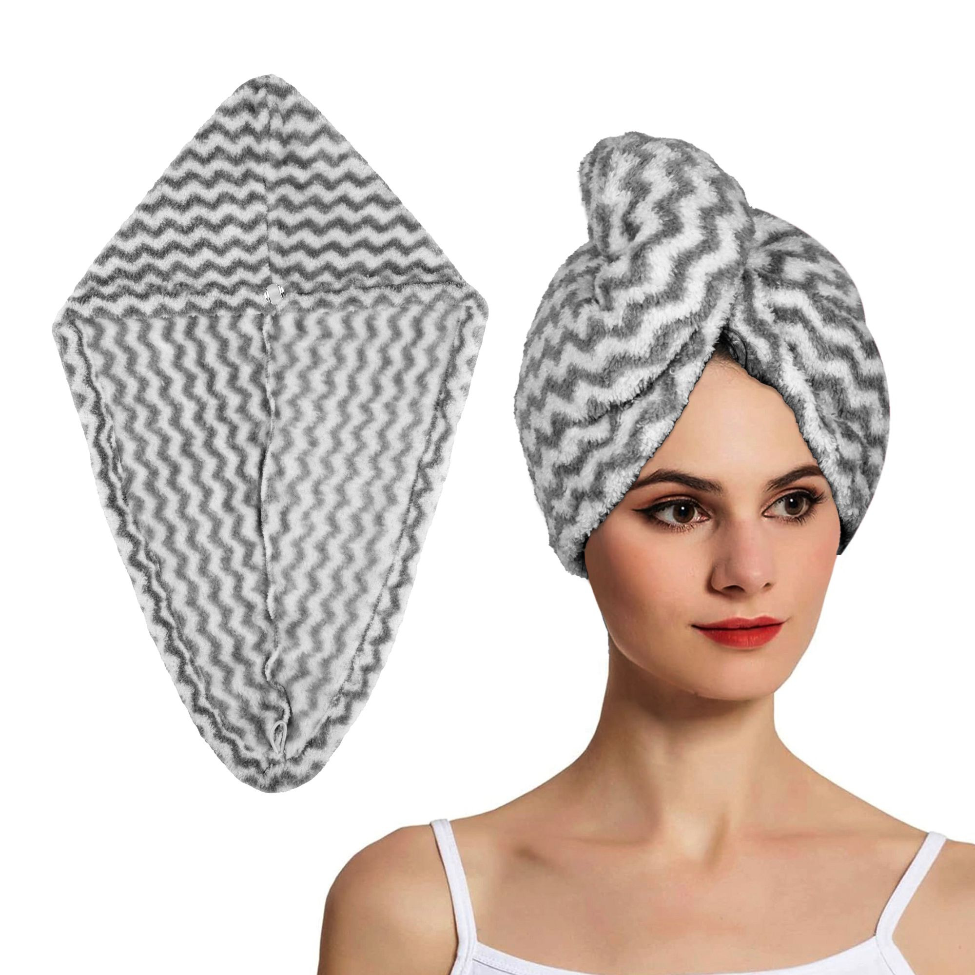 Kuber Industries Hair Wrapper | Hair-Drying Towel | Hair Bathrobe for Women & Girls | Hair Dry Cap Bath Towel | Microfiber Hair Turban Towel | Quick Absorbent Hair Towel | Zig Zag | Gray