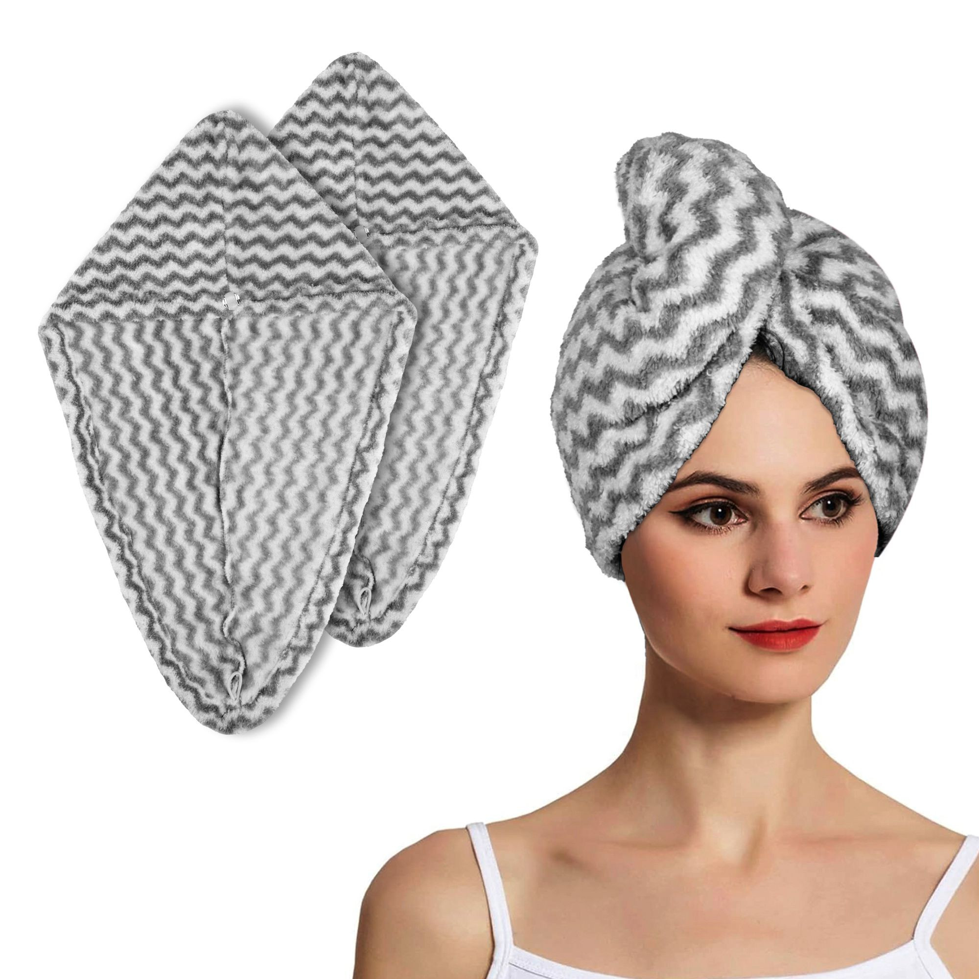 Kuber Industries Hair Wrapper | Hair-Drying Towel | Hair Bathrobe for Women & Girls | Hair Dry Cap Bath Towel | Microfiber Hair Turban Towel | Quick Absorbent Hair Towel | Zig Zag | Gray
