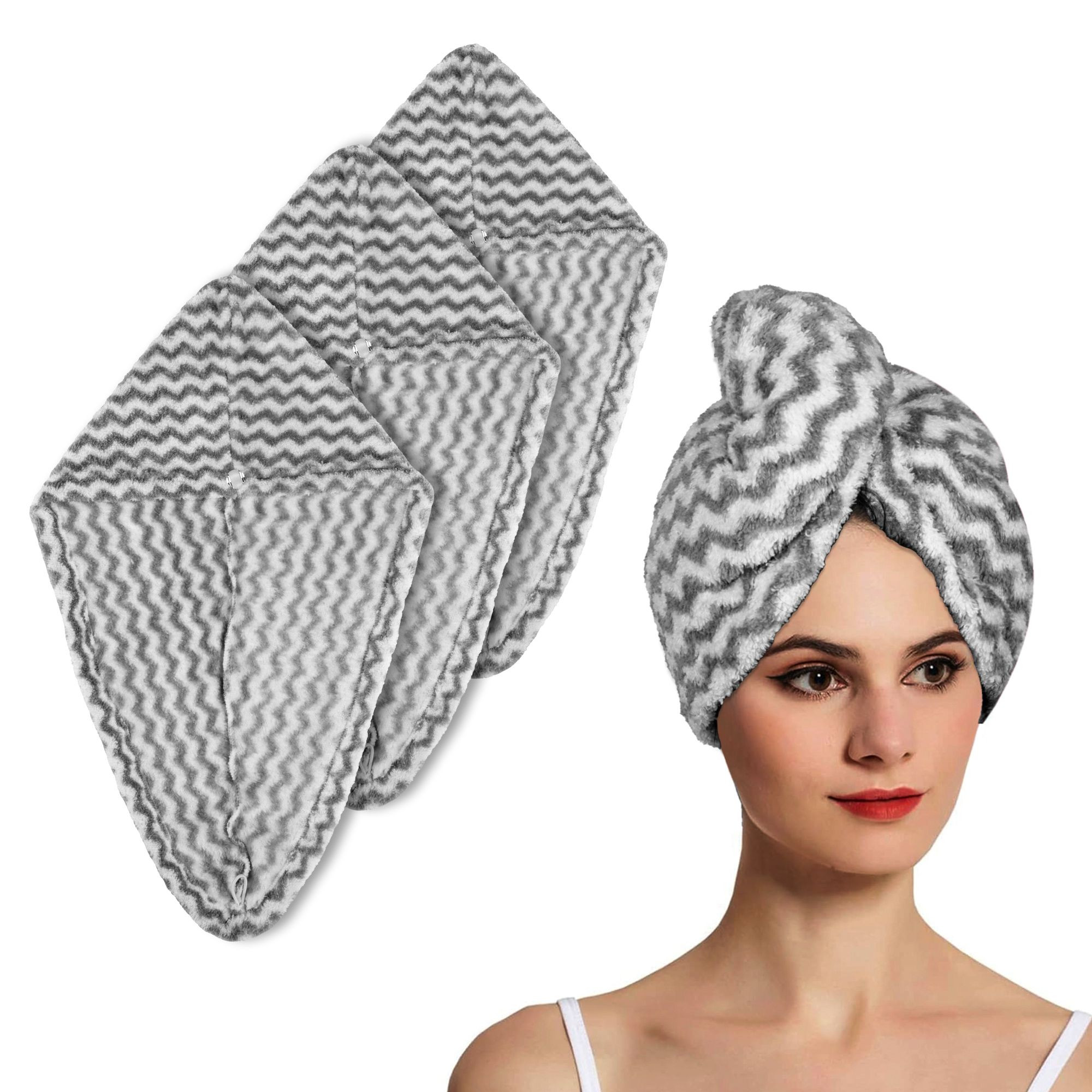Kuber Industries Hair Wrapper | Hair-Drying Towel | Hair Bathrobe for Women & Girls | Hair Dry Cap Bath Towel | Microfiber Hair Turban Towel | Quick Absorbent Hair Towel | Zig Zag | Gray