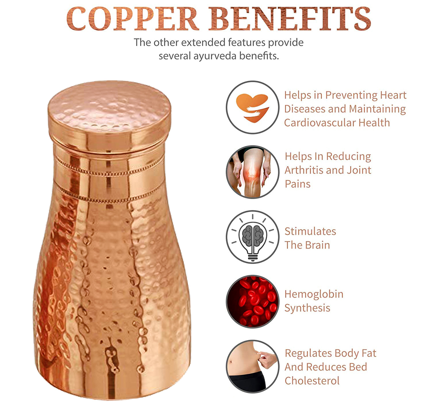 Kuber industries Hammered Copper Bedroom Jar|Bedside Water Bottle with Inbuilt Glass, 1100 ml (Gold)