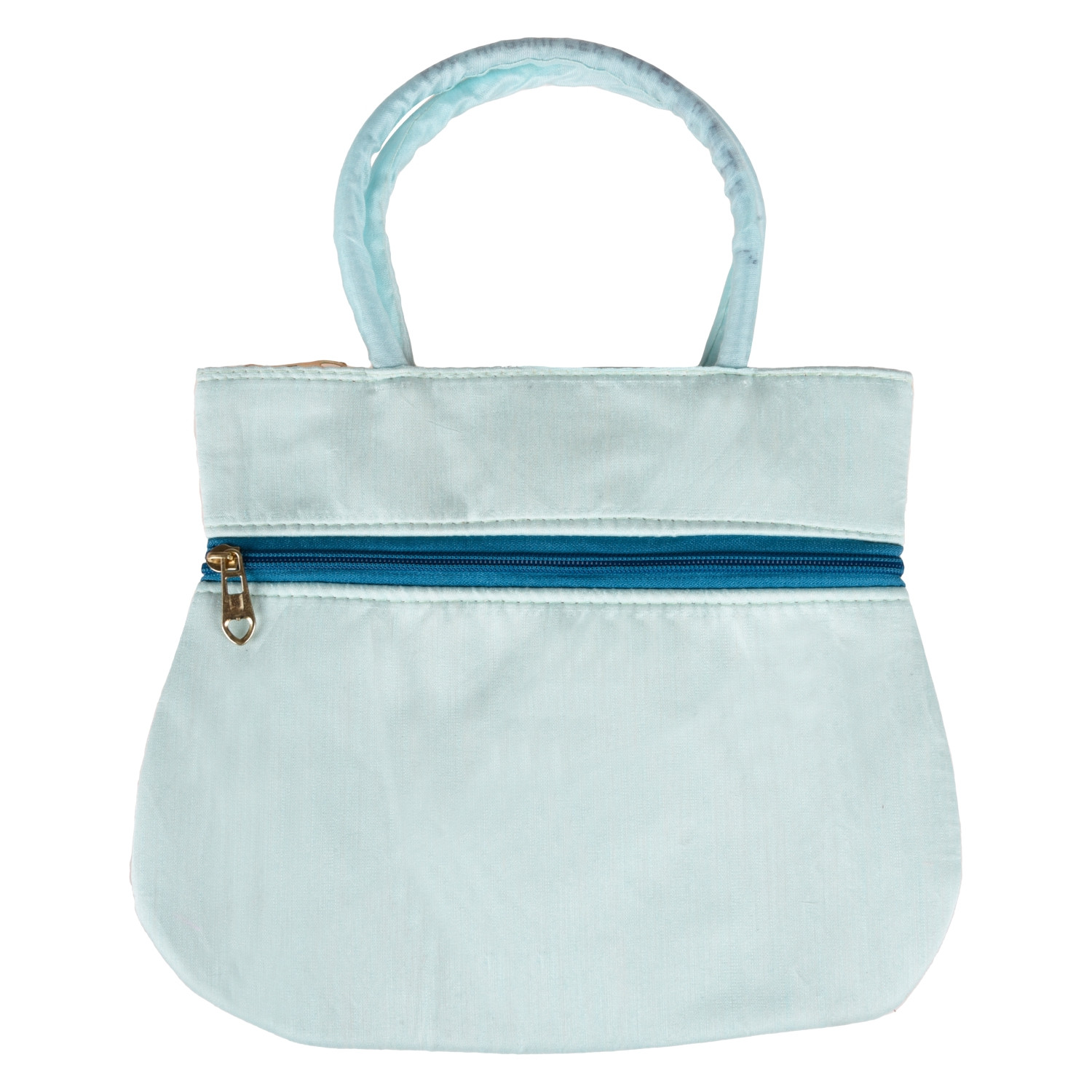 Kuber Industries Hand Bag  Traditional Hand Bag  Silk Wallet Hand Bag  Woman Tote Hand Bag  Ladies Purse Handbag  Gifts Hand Bag  Curved Shape Embroidery Hand Bag  Light Blue