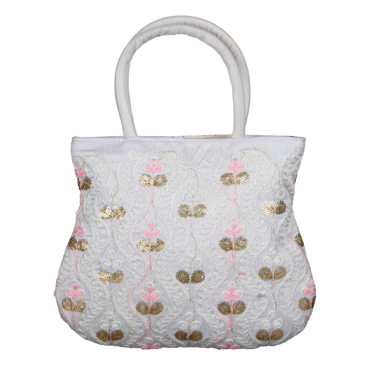 Kuber Industries Hand Bag | Traditional Hand Bag | Silk Wallet Hand Bag | Woman Tote Hand Bag | Ladies Purse Handbag | Gifts Hand Bag | Curved Shape Embroidery Hand Bag | Cream