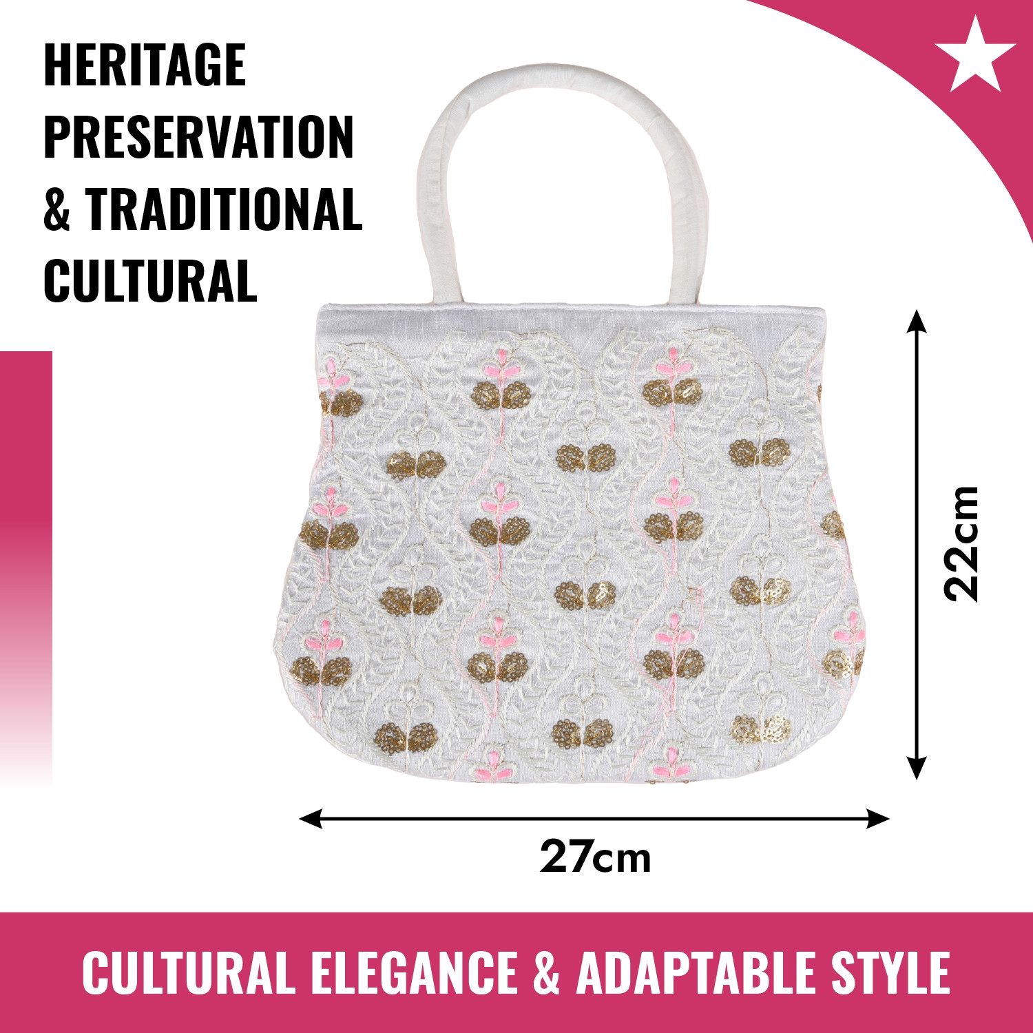 Kuber Industries Hand Bag | Traditional Hand Bag | Silk Wallet Hand Bag | Woman Tote Hand Bag | Ladies Purse Handbag | Gifts Hand Bag | Curved Shape Embroidery Hand Bag | Cream