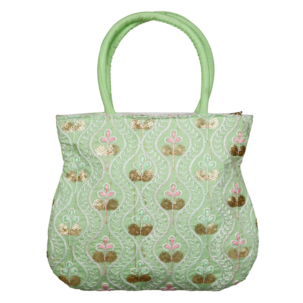 Kuber Industries Hand Bag | Traditional Hand Bag | Silk Wallet Hand Bag | Woman Tote Hand Bag | Ladies Purse Handbag | Gifts Hand Bag | Curved Shape Embroidery Hand Bag | Green