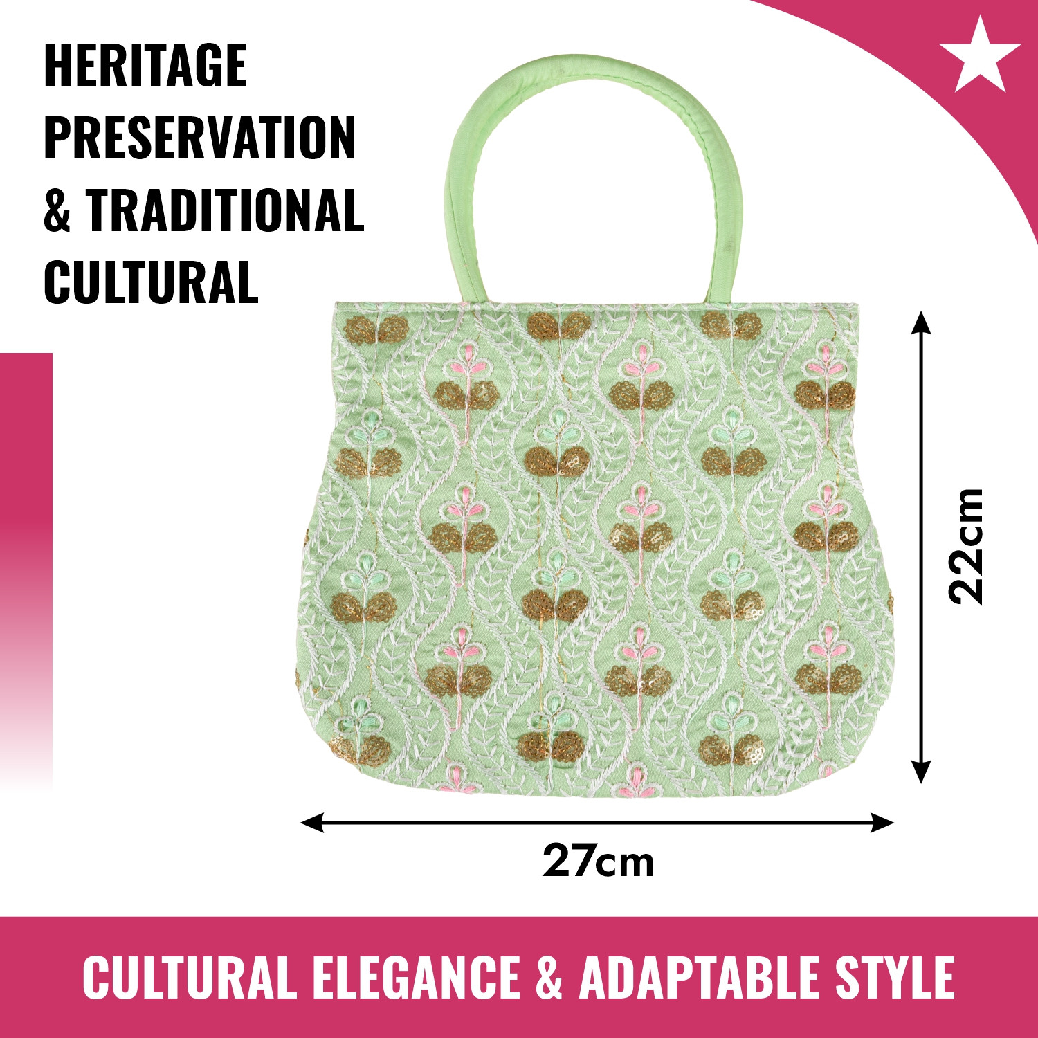 Kuber Industries Hand Bag | Traditional Hand Bag | Silk Wallet Hand Bag | Woman Tote Hand Bag | Ladies Purse Handbag | Gifts Hand Bag | Curved Shape Embroidery Hand Bag | Green