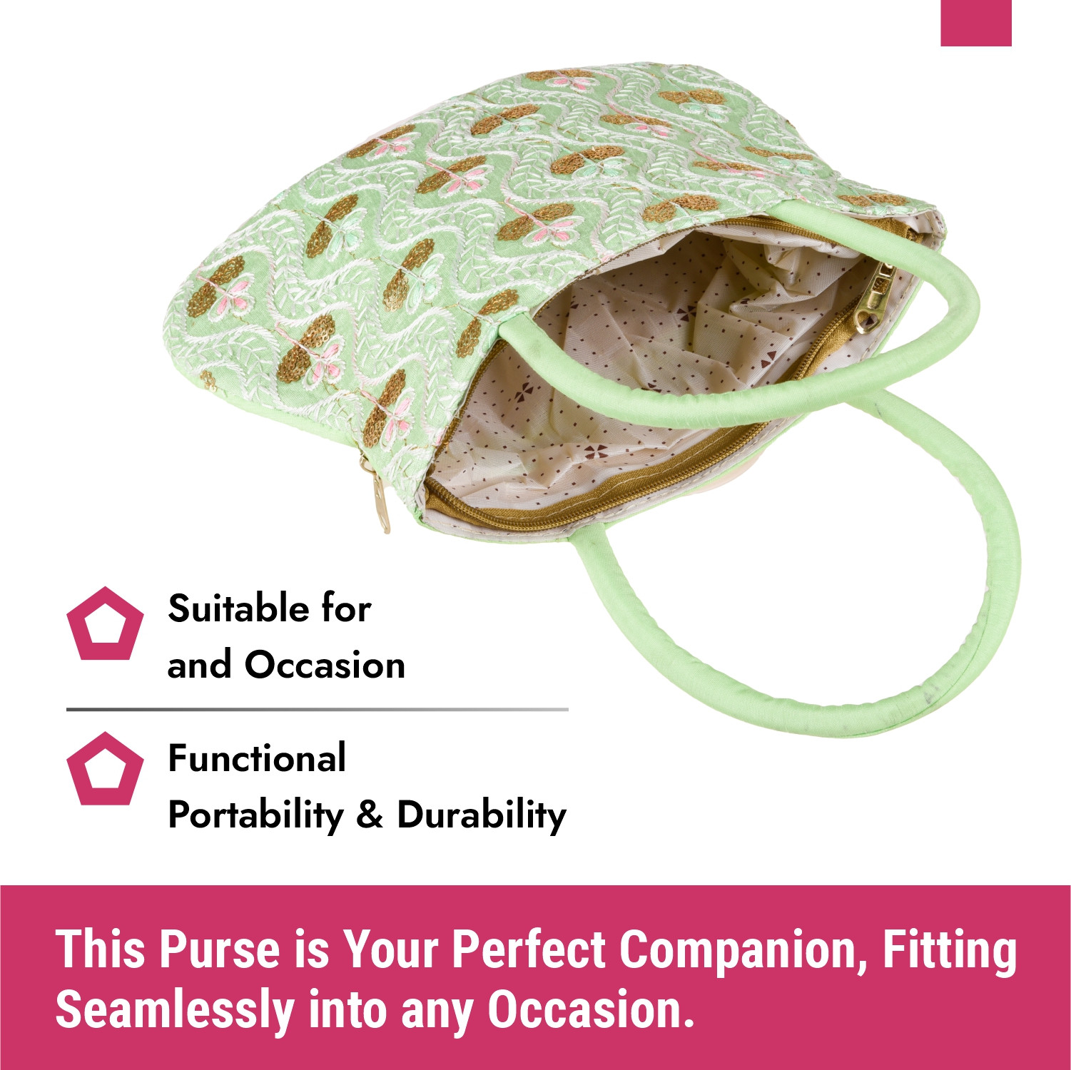 Kuber Industries Hand Bag | Traditional Hand Bag | Silk Wallet Hand Bag | Woman Tote Hand Bag | Ladies Purse Handbag | Gifts Hand Bag | Curved Shape Embroidery Hand Bag | Green