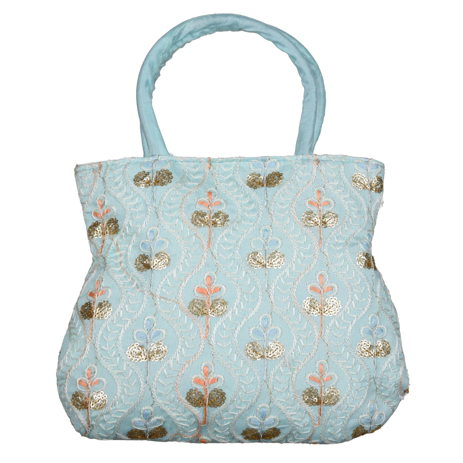 Kuber Industries Hand Bag | Traditional Hand Bag | Silk Wallet Hand Bag | Woman Tote Hand Bag | Ladies Purse Handbag | Gifts Hand Bag | Curved Shape Embroidery Hand Bag | Light Blue