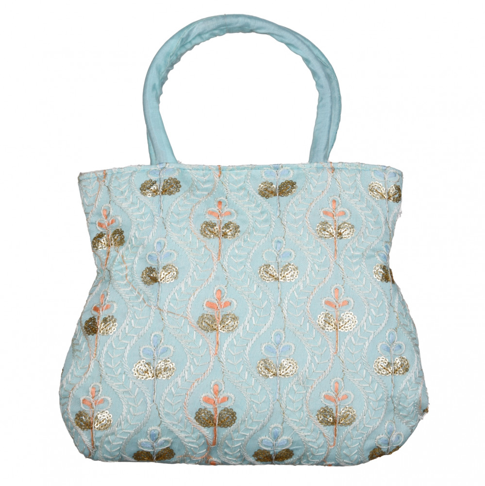 Kuber Industries Hand Bag | Traditional Hand Bag | Silk Wallet Hand Bag | Woman Tote Hand Bag | Ladies Purse Handbag | Gifts Hand Bag | Curved Shape Embroidery Hand Bag | Light Blue