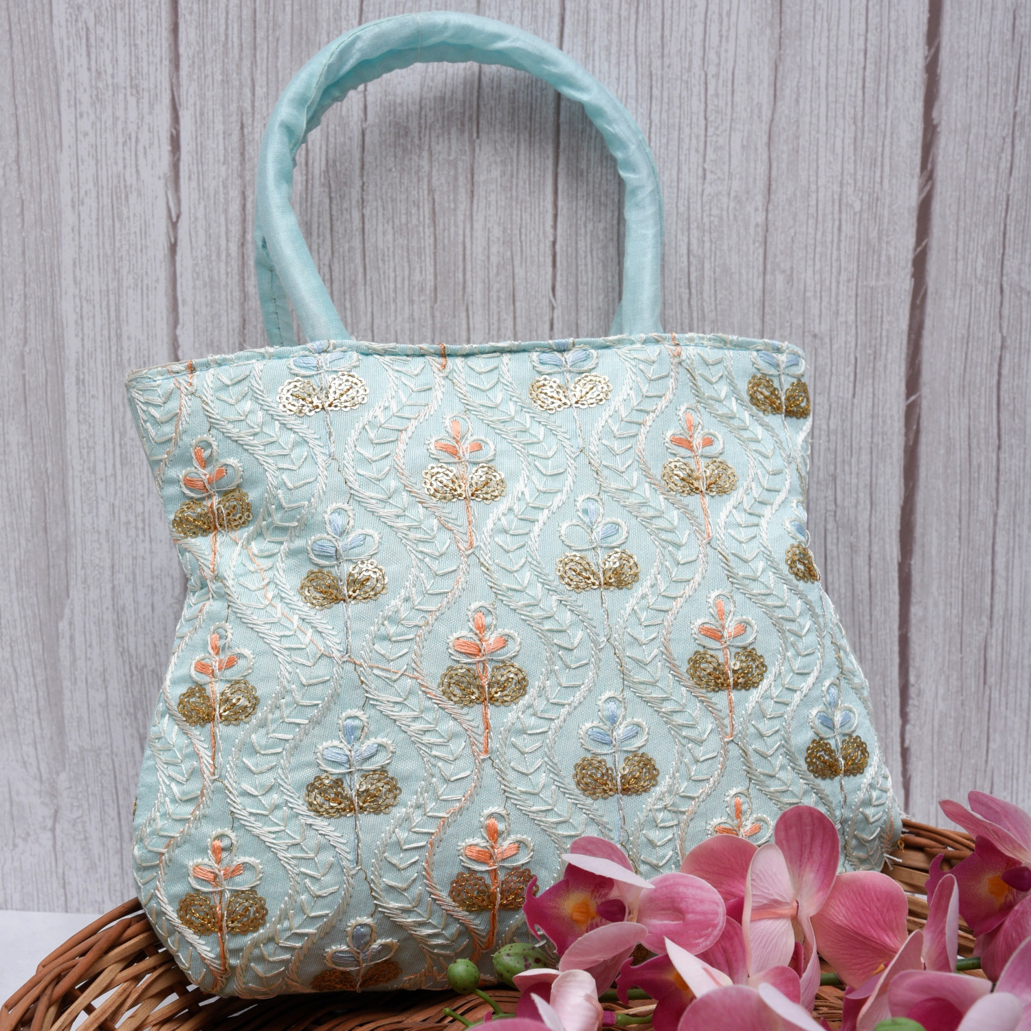 Kuber Industries Hand Bag | Traditional Hand Bag | Silk Wallet Hand Bag | Woman Tote Hand Bag | Ladies Purse Handbag | Gifts Hand Bag | Curved Shape Embroidery Hand Bag | Light Blue