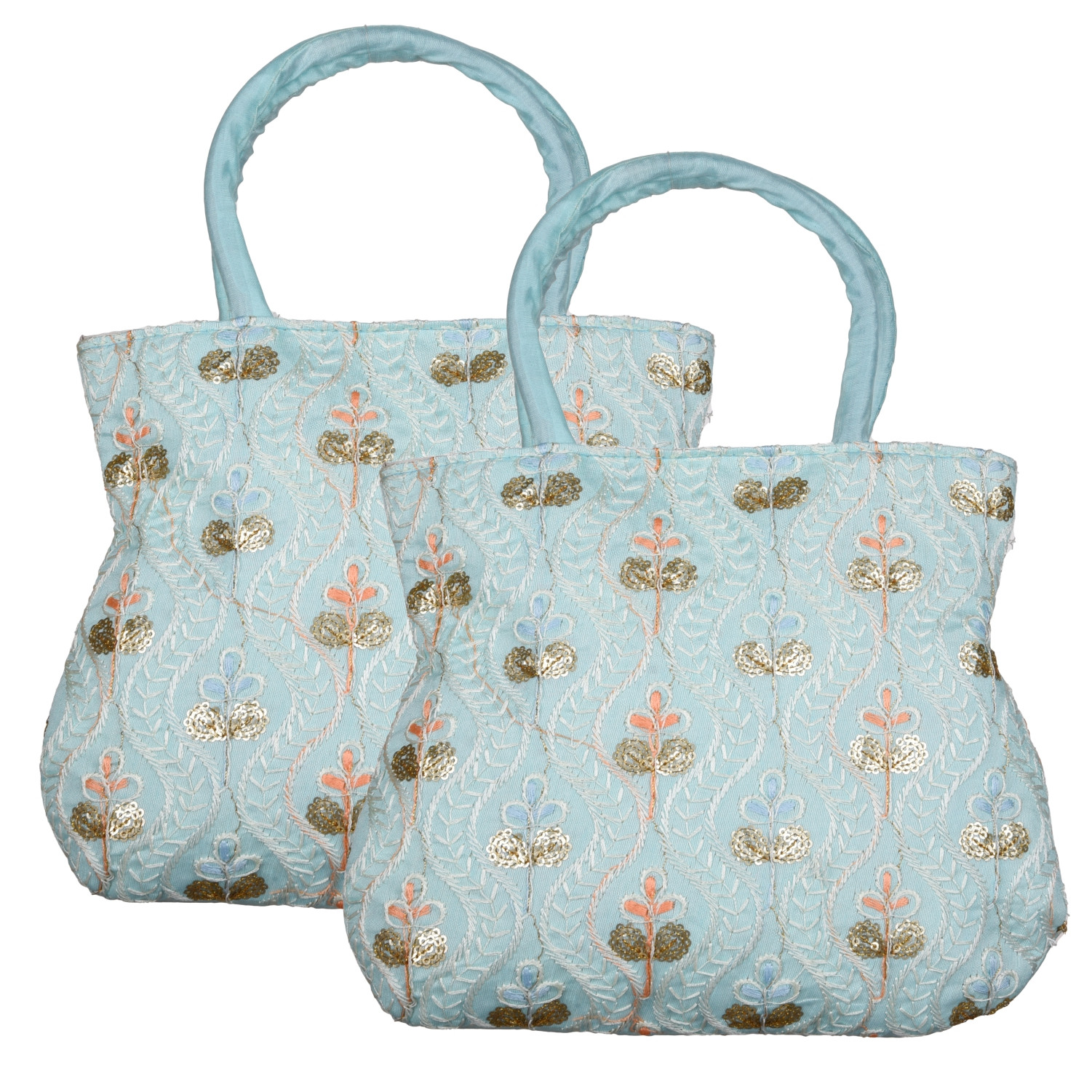 Kuber Industries Hand Bag | Traditional Hand Bag | Silk Wallet Hand Bag | Woman Tote Hand Bag | Ladies Purse Handbag | Gifts Hand Bag | Curved Shape Embroidery Hand Bag | Light Blue