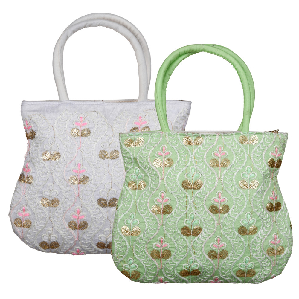 Kuber Industries Hand Bag | Traditional Hand Bag | Silk Wallet Hand Bag | Woman Tote Hand Bag | Ladies Purse Handbag | Gifts Hand Bag | Curved Shape Embroidery Hand Bag | Pack of 2 | Multi