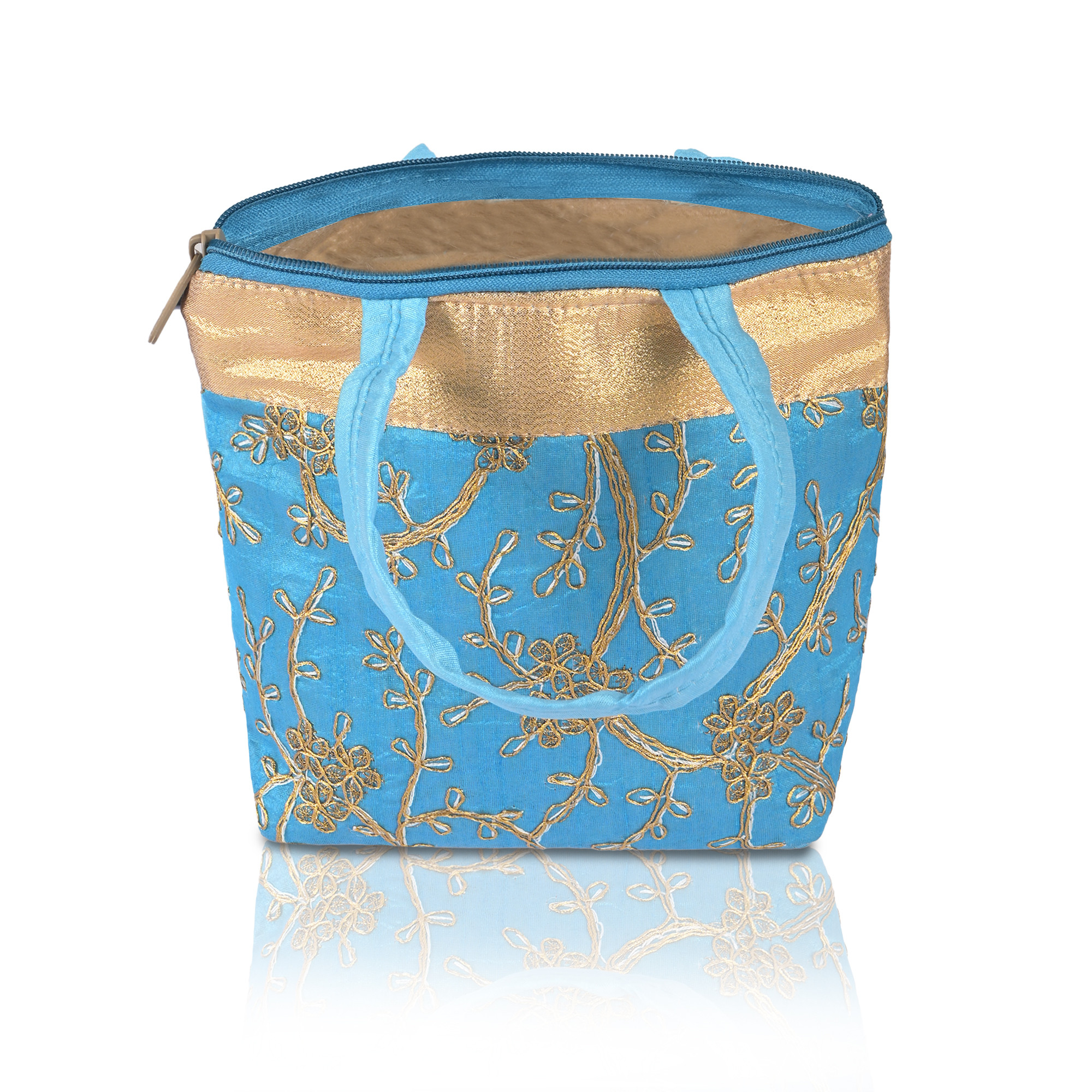 Kuber Industries Hand Bag for Women  Girls with Handle  Lightweight  Multi-Purpose Shopping Bag for Travel Party Events  Daily Use  Embroidery Design - Sky Blue