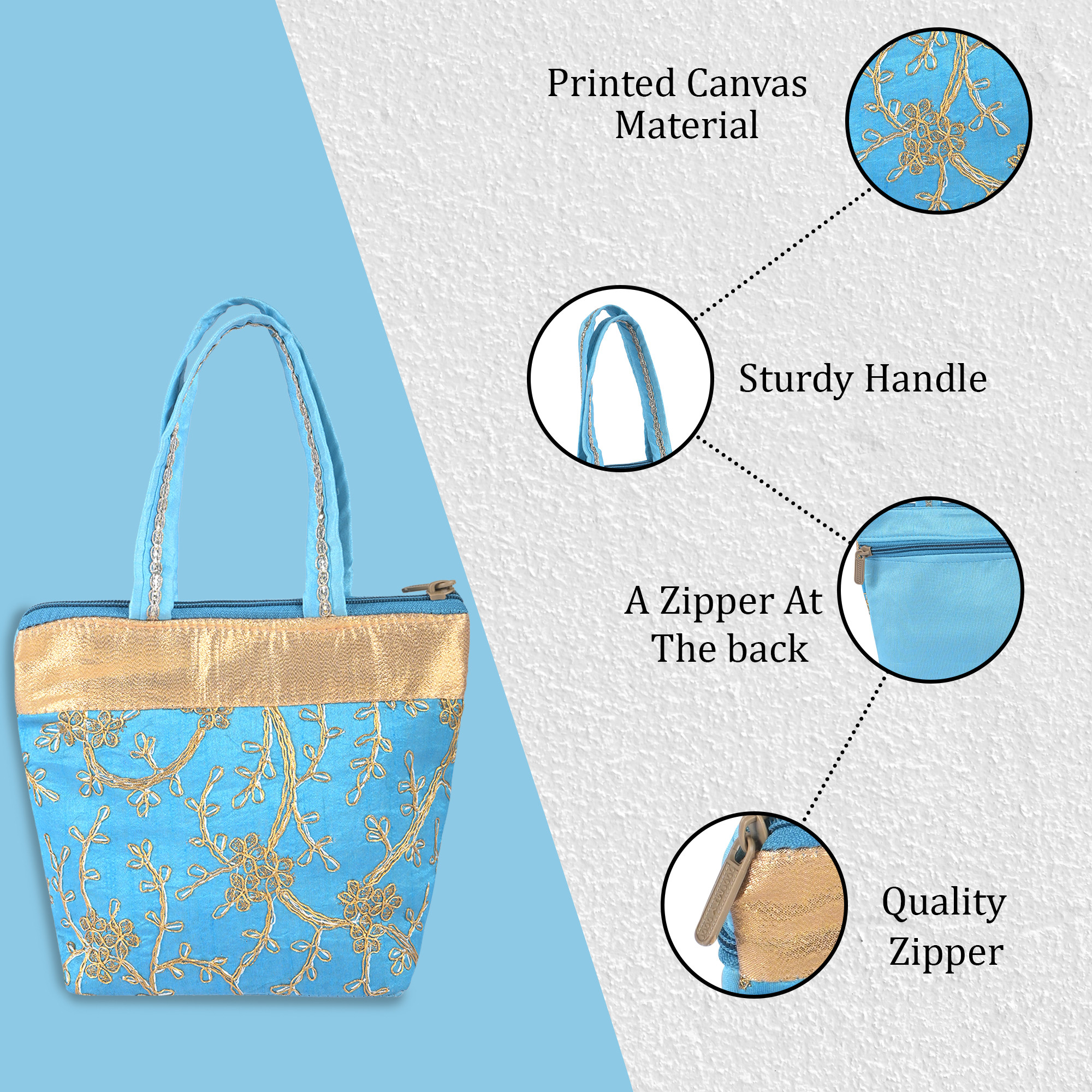Kuber Industries Hand Bag for Women  Girls with Handle  Lightweight  Multi-Purpose Shopping Bag for Travel Party Events  Daily Use  Embroidery Design - Sky Blue